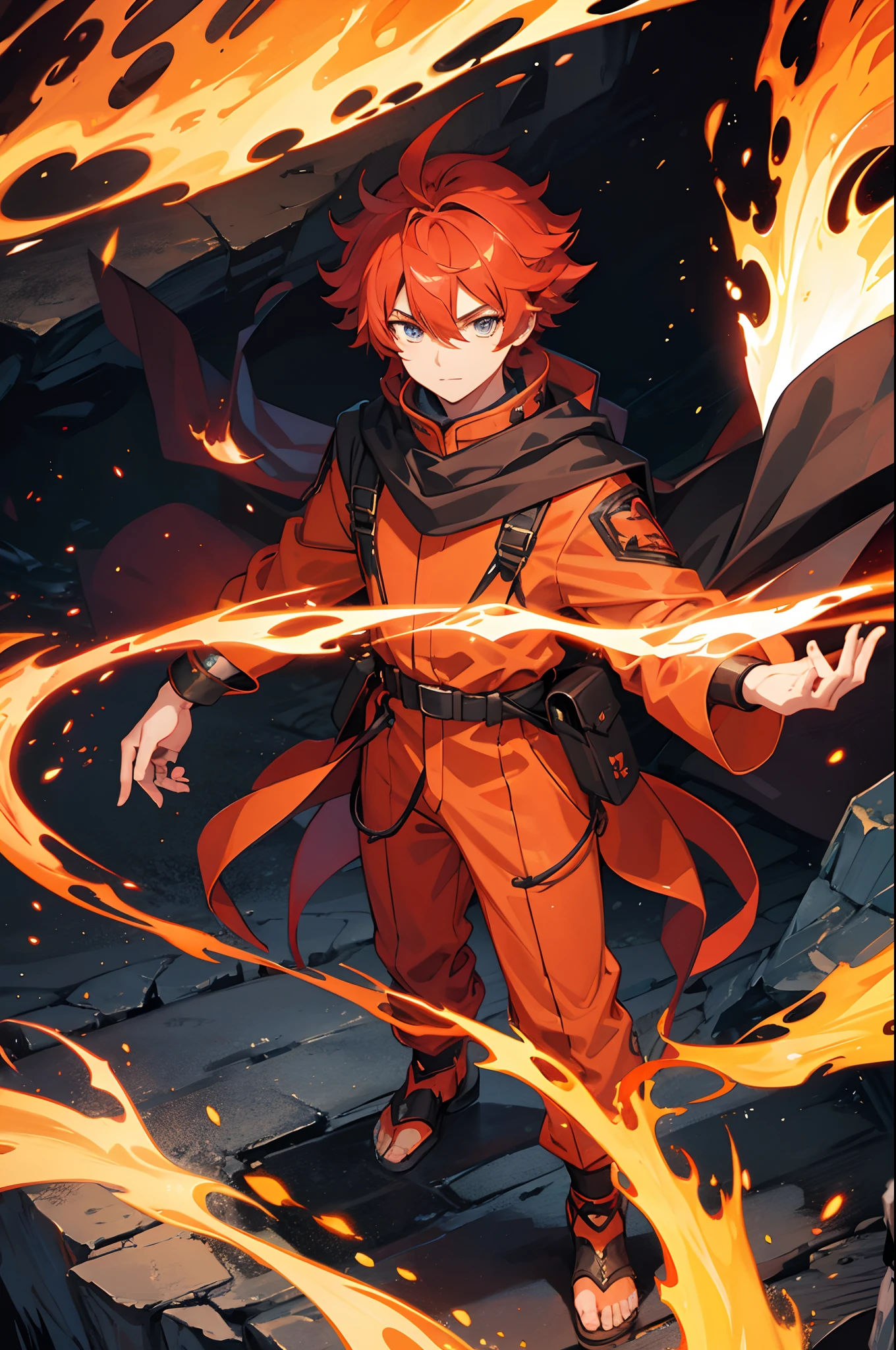 15 years old anime character with lava and flames in a room, lava mage, he is in a lava mountain, holy lava spell art, casting lava spell, thin young male , lava spell, lava with rock background, flame spell, fire behind him, badass anime 8 k, lava!! full body, portrait of a red sorcerer, hero academia, both of hands control lava, red hair, have cloak in his costume