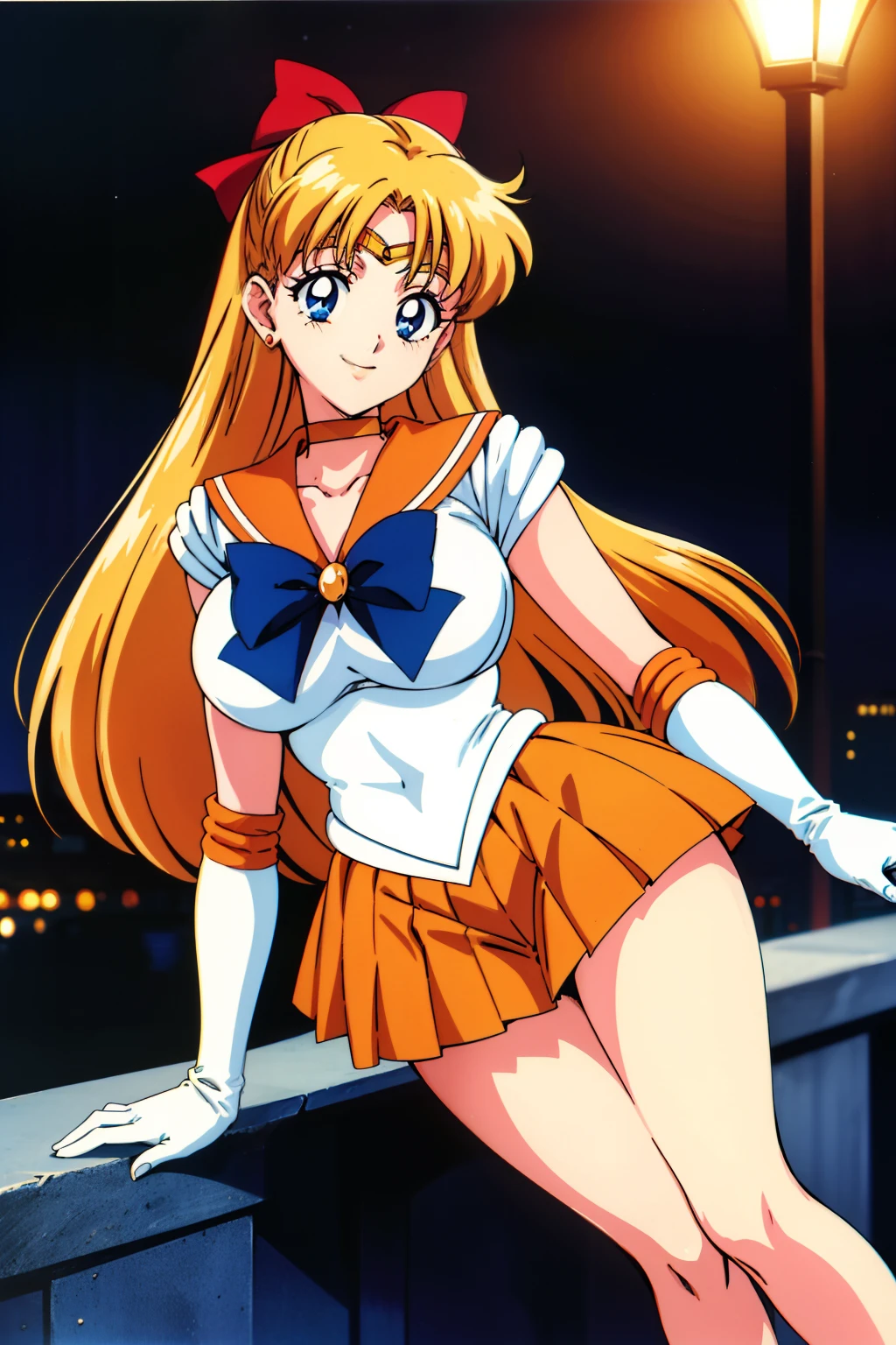 1990s \(style\), 1990s anime cels style, big eyes, Best Quality, High resolution, large breasts, sv1, sailor senshi uniform, orange skirt, elbow gloves, tiara, pleated skirt, orange sailor collar, red bow, orange choker, white gloves, jewelry, smile, night