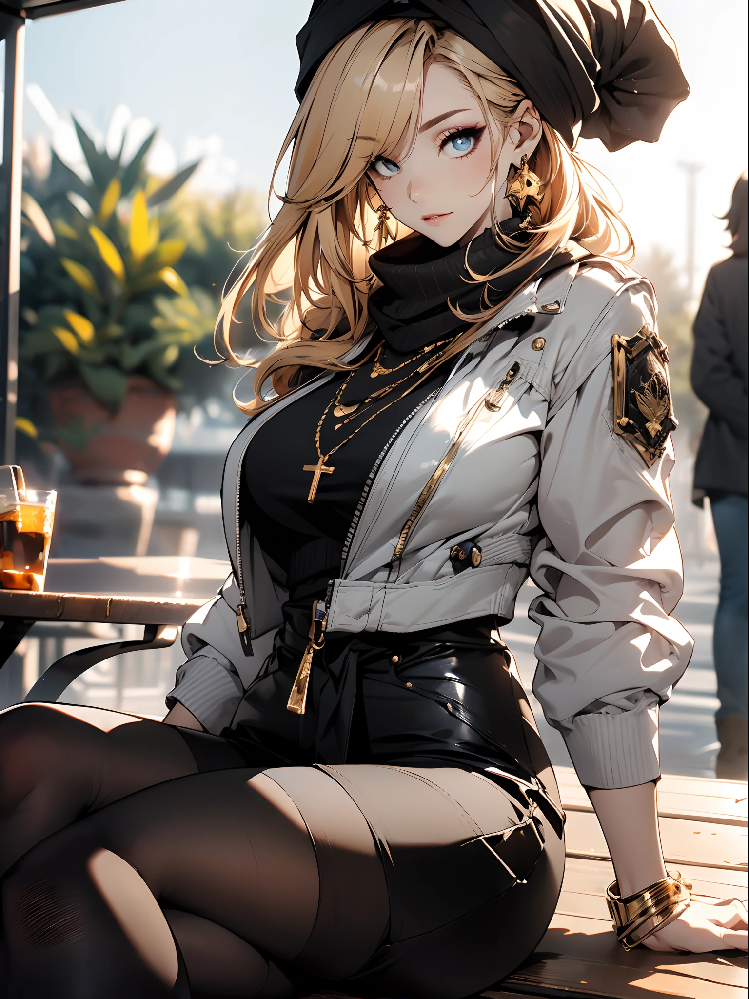 Anime girl sitting on a table with a glass of beer - SeaArt AI