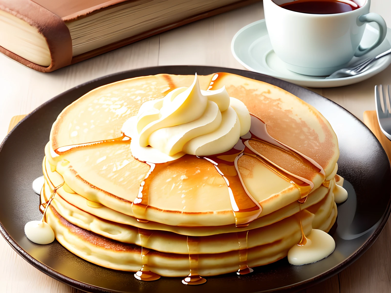 Fluffy pancake, just pancake nothing else, pancake on desk, butter on top, no sauce