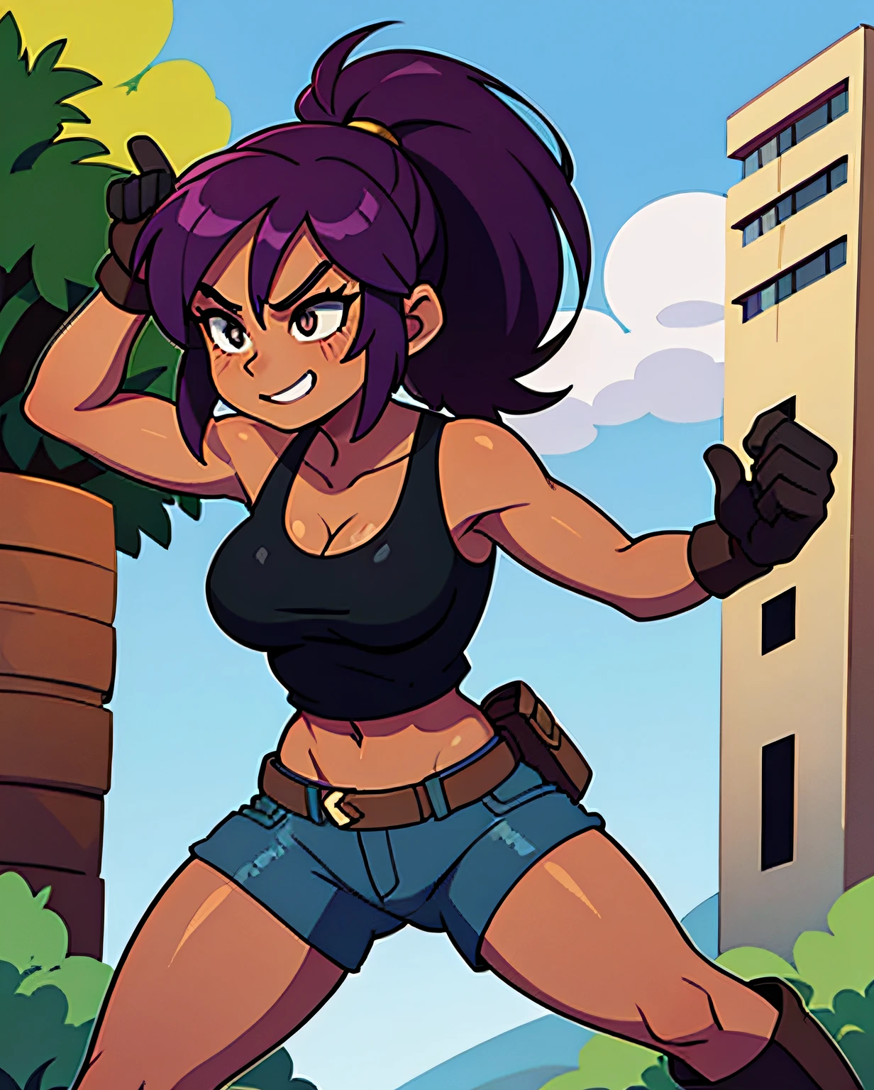 Lara Croft, Yoruichi Shihouin, cleavage, 25yo woman, hazel eyes, long purple hair in a ponytail, adventures outfit, medium breasts, waist, green tank-top and tan jean shorts, white sox, black gloves, hiking boots, thigh gun holsters, purple hair, determined smile, beautiful woman, hourglass figure, solo mature woman, strong muscular woman, masterpiece, Sharp focus :1.2, A pretty woman with perfect figure :1.4, Slender abs :1.2, (dark skin, dark-skinned female:1.2),