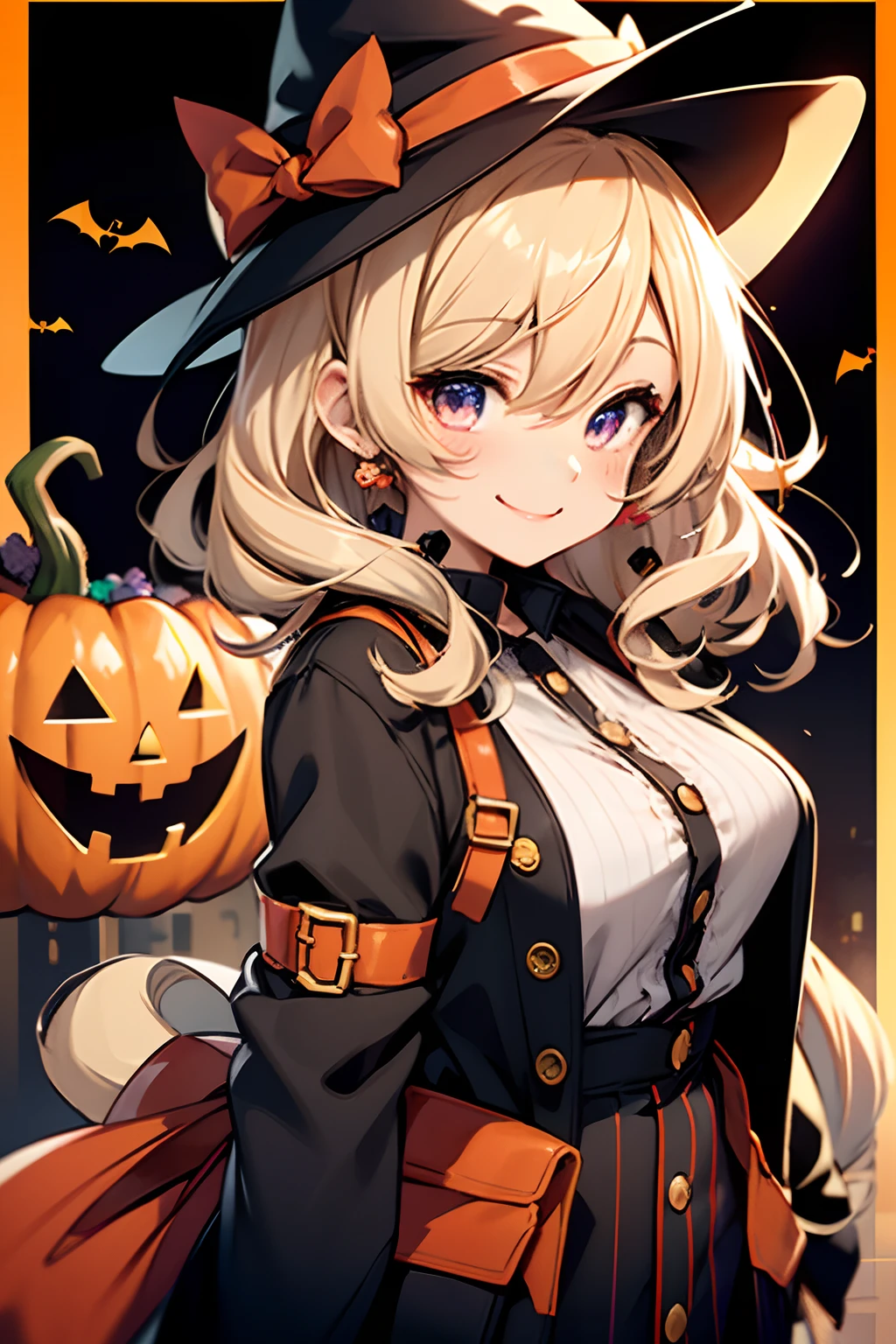 Cute Halloween Theme、Eye Up、bustup、A smile、 Cute poses、Glamorous Hat、Halloween Accessories、Draw clothes buttons and pockets in a Halloween style、The costume is red、The background is littered with sweets and sweets、Draw an outer border