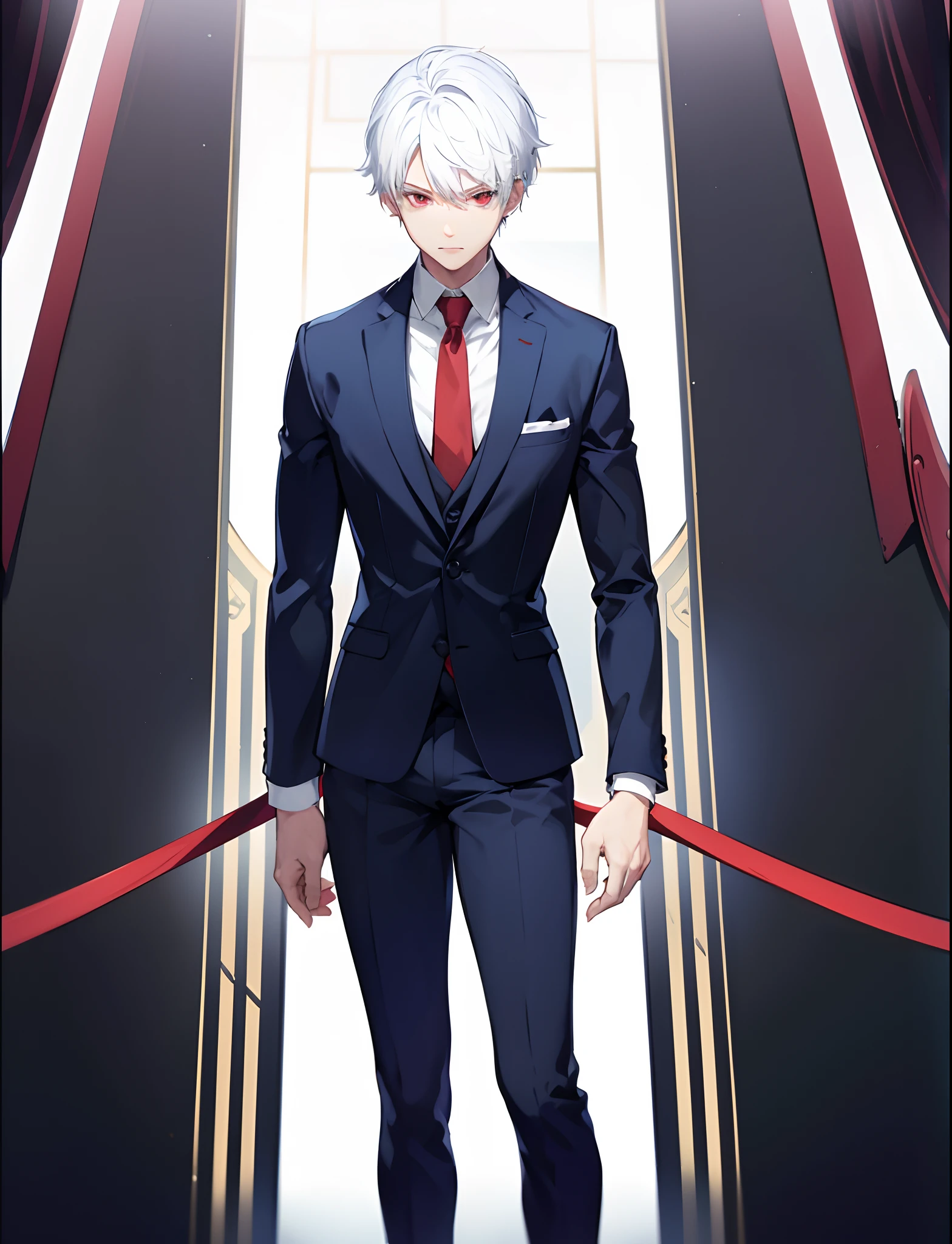 1boy, short white hair, red eyes, dark blue suit, standing on ground, high res, ultra sharp, 8K, masterpiece