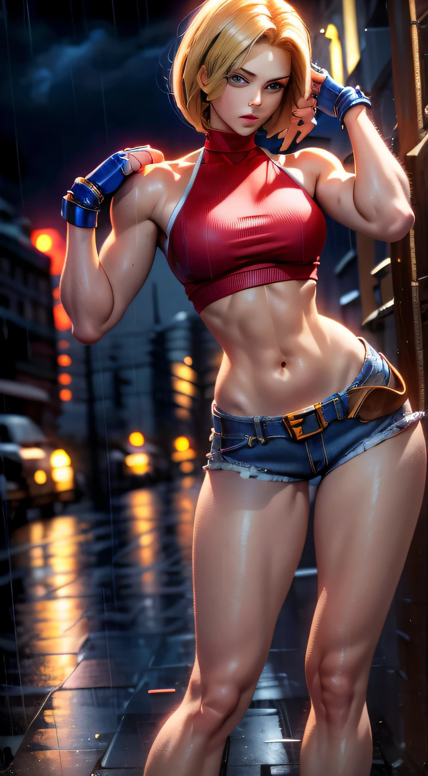 (((Masterpiece))),
((Blue Mary)) game, best quality, (beauty), 20 year old girl face, pretty face, red crop top, red blouse, (((very short women's denim shorts))), Physics-based rendering, ultra highres, waist narrow, slim, big eyes, long muscular legs, (medium breasts), puffy eyes, night, (rainy city), shiny skin, facing the viewer, firm expression, realistic, woman, sexy, muscular belly, muscular arms , barefoot, standing, full body photo, perfect hands, (((very detailed and clear scenery))), (8k), (from the back showing her ass and looking at me)