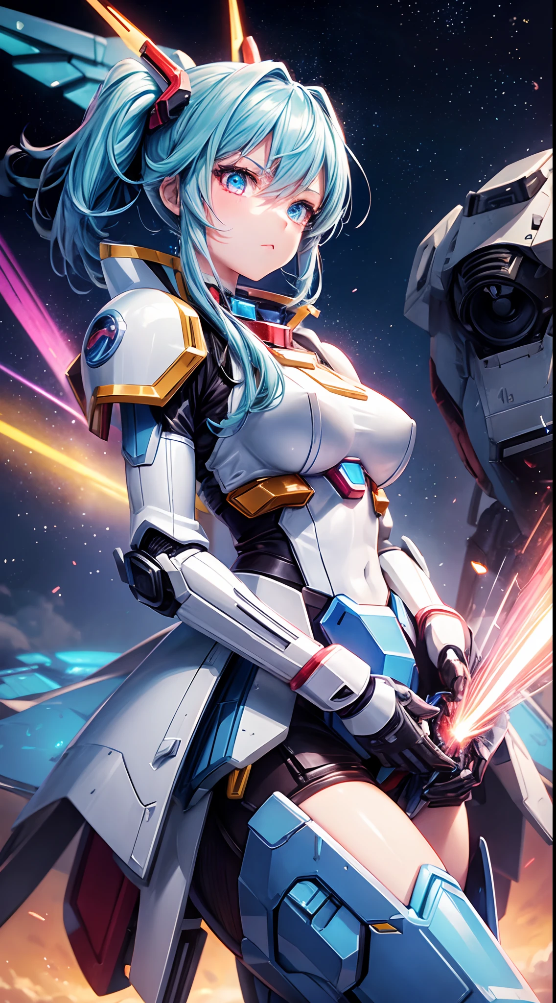 1 supercute girl wear a gundam armor, mechanical wing, Space War Background, Rainbow Aura Body, Supernove Power, Light Blue Hair, Red Eye, Perfect Body, Sexy, neon glow, Shooting Beam Cannon, Sad mood, very detailed, Fighting stance, mecha musume, detailed eyes, detailed face, Anime Art, Anime Style, Anime.