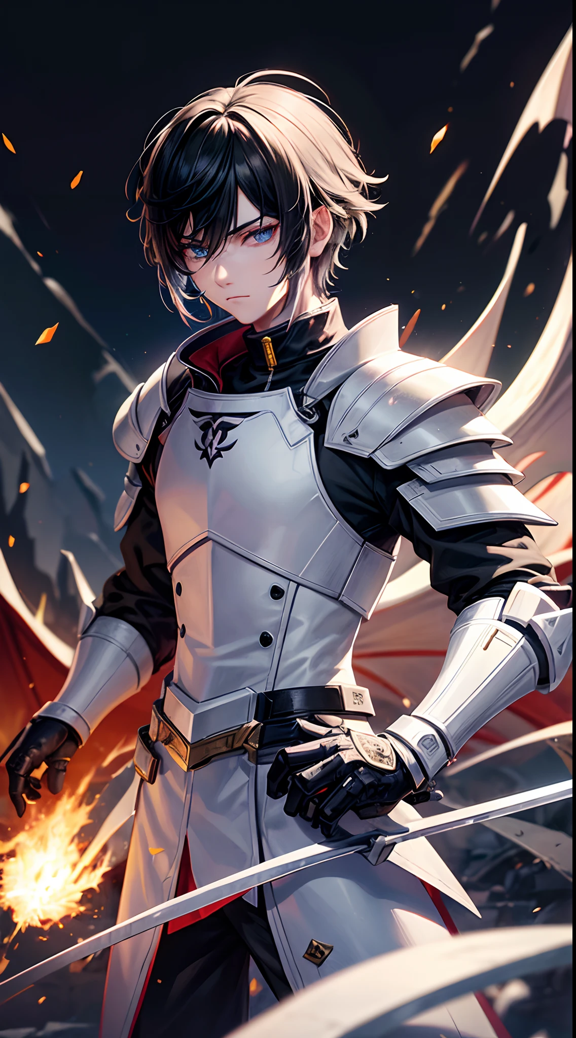 1 male, Holding Pyro Dragon Claymore, Wear Mechanical White Armor Suit, Black Hair with Emo Hairstyle, Genshin Impact Style, Underwarter Ruin Background, Have Hidden Blade, White Eye, Fine Emotion Mood, Fighting stance, detailed eyes, detailed face, Anime Art, Anime Style, Anime, very detailed, High Detail.