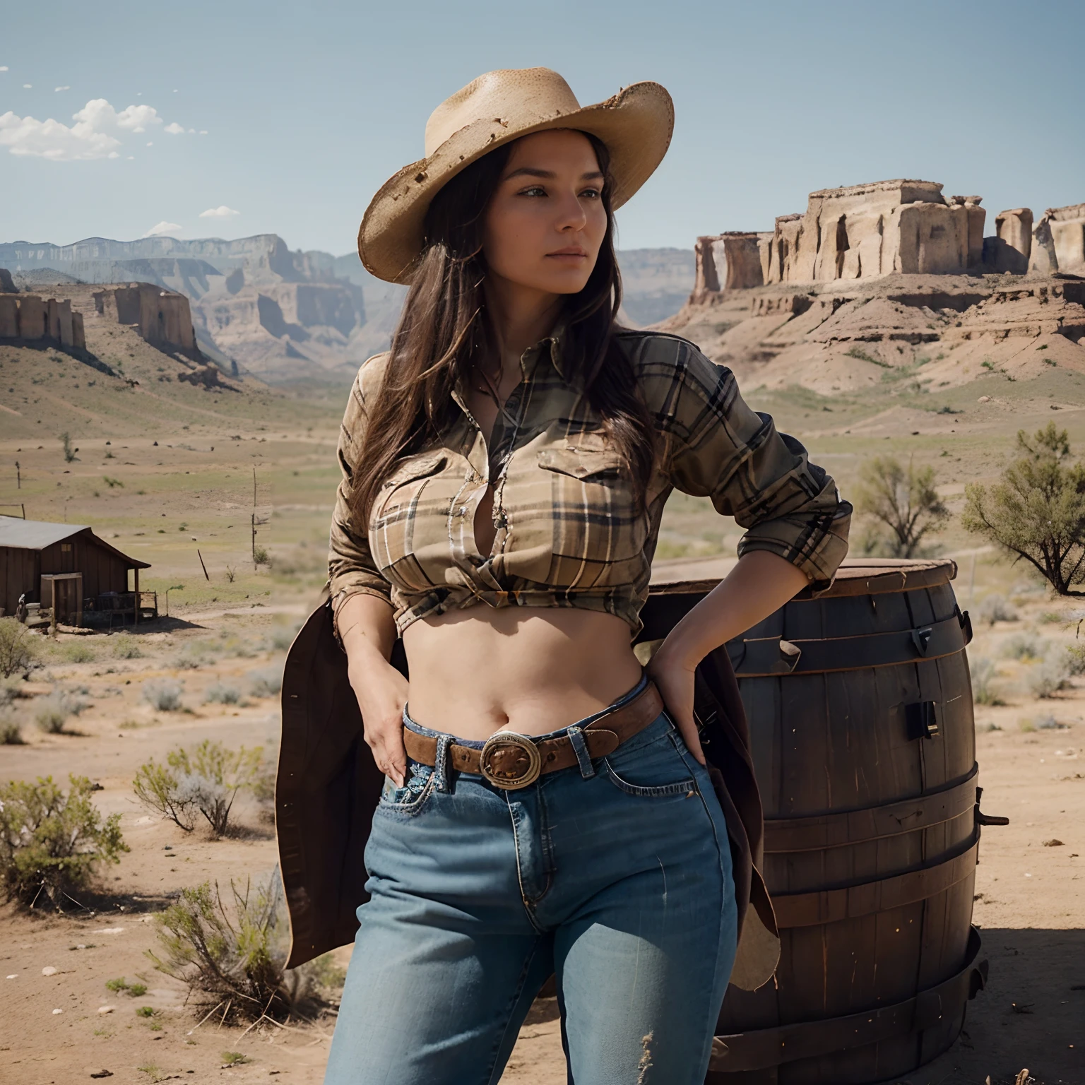 Produisez une image d'une femme cowgirl, dressed in an iconic outfit from the Wild West. The woman is elegant and authentic, portant un chapeau de cowgirl, a plaid shirt, Leather boots and faded jeans. It is set in a setting that evokes the American West, with expanses of meadows, des cactus et un ciel vaste. The goal is to capture the cowgirl woman's determination and confidence in an environment that reflects the heritage and charm of the Wild West. L'image devrait mettre en avant son style unique et son attitude confiante, seins, Ultra detailed. Sexy. Attractive. Generous form