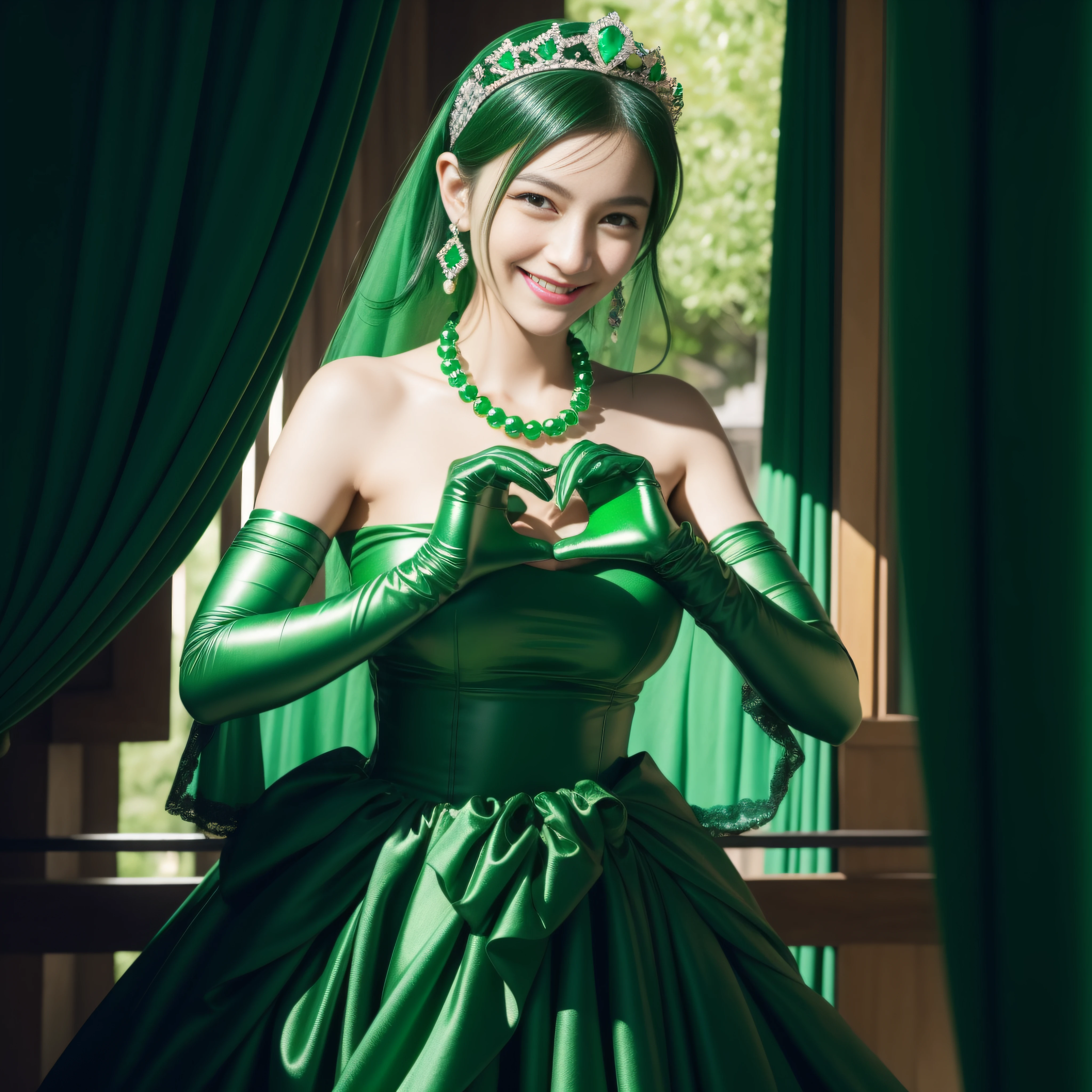 emerald tiara, Green Pearl Necklace, ボーイッシュな非常に短いgreen hair, green lips, Smiling Japan woman in her 30s, very short hair,  Beautiful woman with big breasts, green eyes, green satin long gloves, green eyes, emerald earrings, Green veil, Heart with both hands, green hair, beautiful japanese woman, heart shaped hands:1.3, green lip gloss