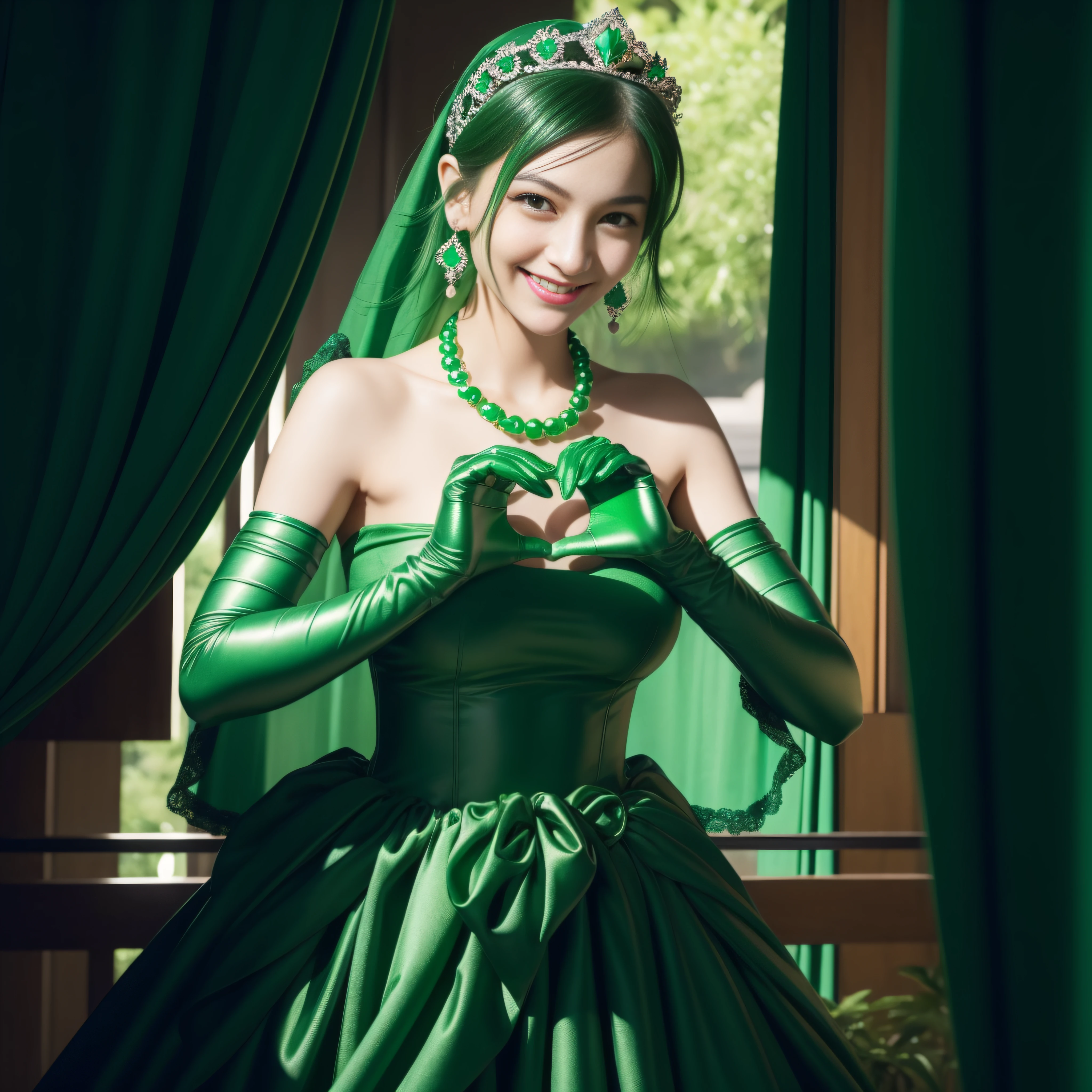 emerald tiara, green pearl necklace, boyish very short green hair, green lips, smiling Japanese woman, very short hair, Beautiful woman with big breasts, green eyes, green satin long gloves, green eyes, emerald earrings, green veil, Heart with both hands, green hair, beautiful japanese woman, heart shaped hands:1.3, green lip gloss