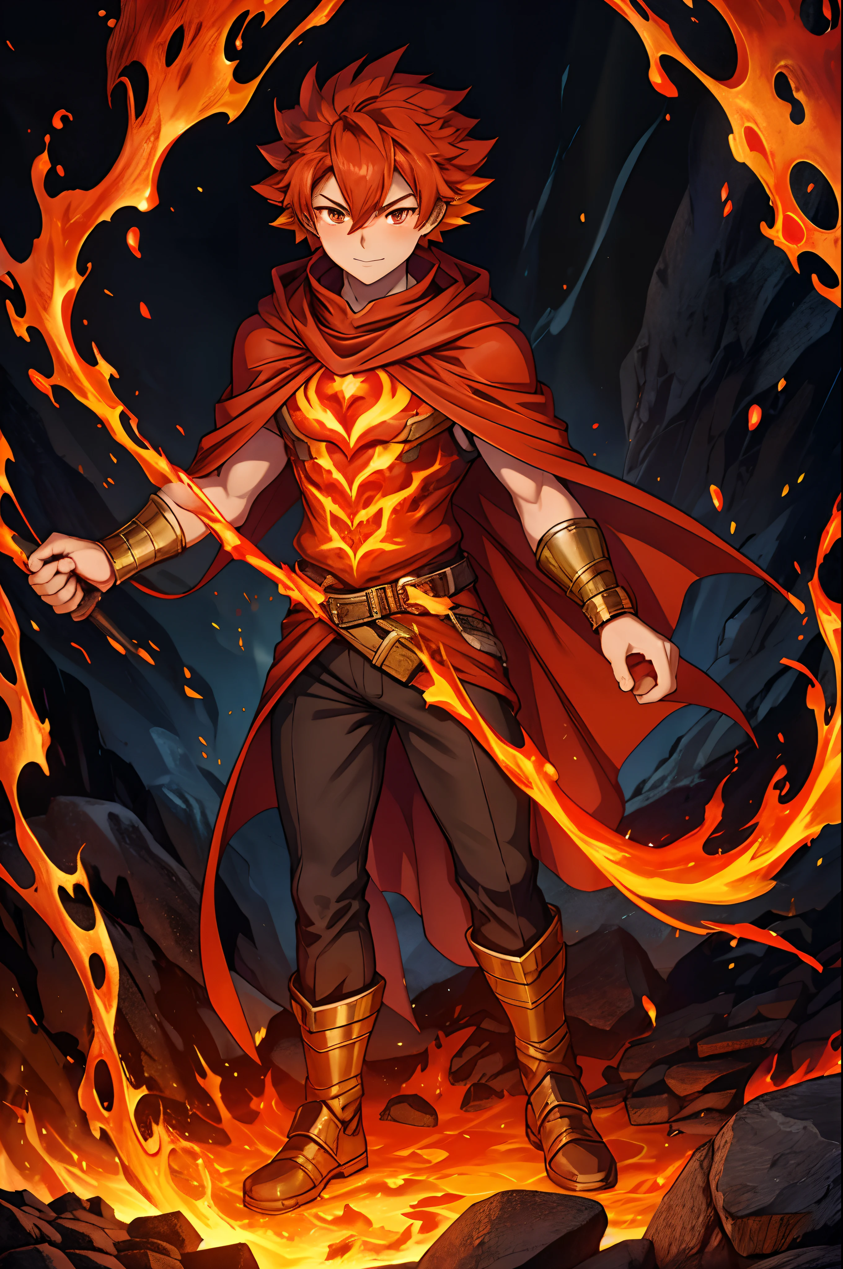 15 years old anime character with lava and flames in a room, lava mage, he is in a lava mountain, holy lava spell art, casting lava spell, thin young male , lava spell, lava with rock background, flame spell, fire behind him, badass anime 8 k, lava!! full body, portrait of a red sorcerer, hero academia, both of hands control lava, red hair, have cloak in his costume