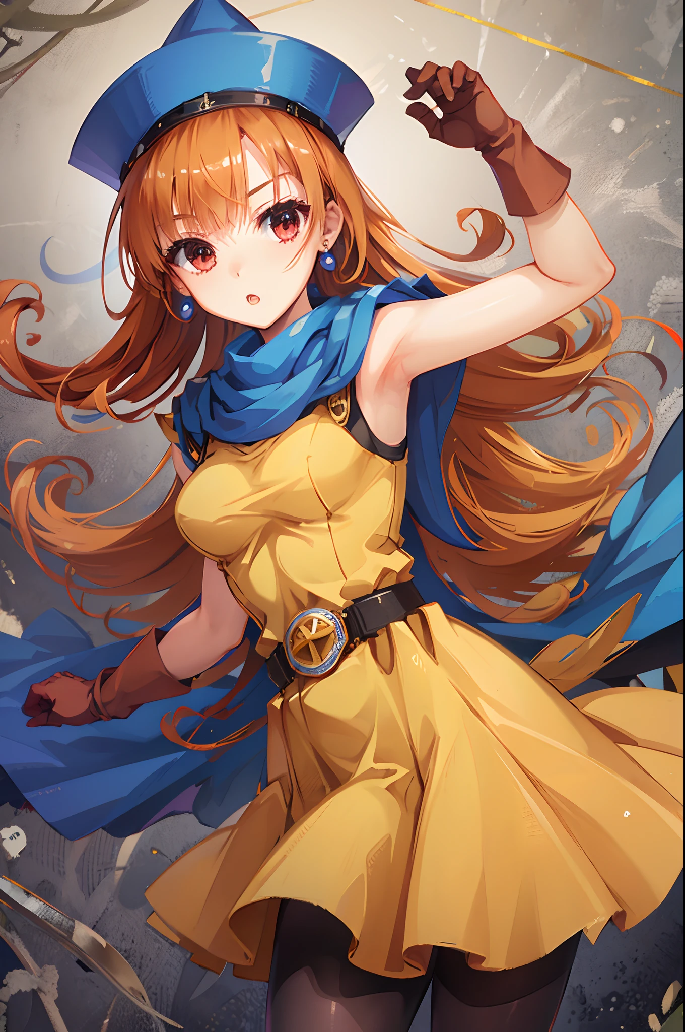 alena \(dq4\),hat,dress,cape,pantyhose,gloves,belt,jewelry,earrings,masterpiece,Top image quality,Best Quality