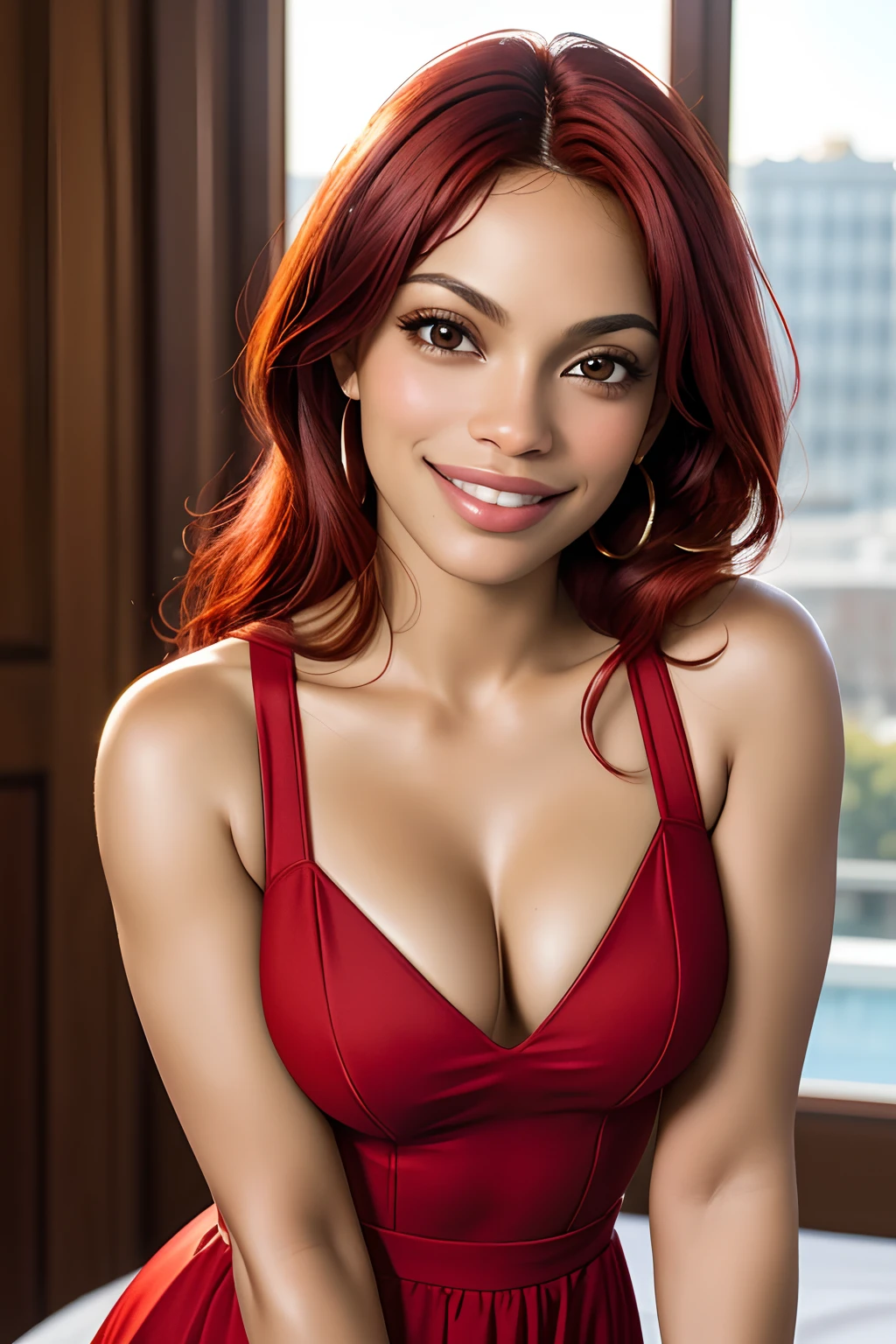 professional photo of Rosario Dawson), sks woman, red dress,
detailed skin, detailed eyes, finely detailed red hair,
volumetric light, highrez, masterpiece, best quality,