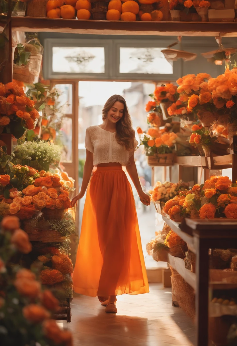 A girl wears a long skirt，With a smile on his face，Two small dimples on the face，Holding an orange rose in his hand，Wandering through a noble flower shop。