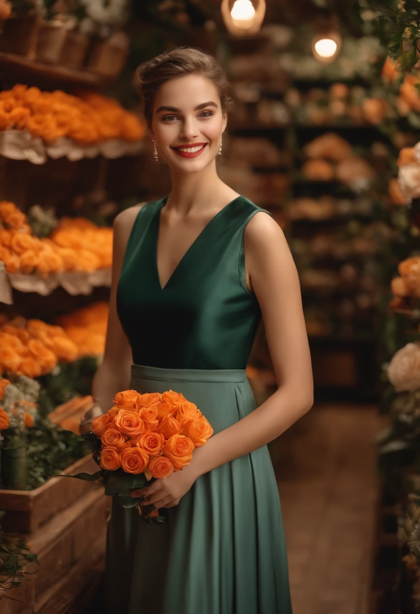 A girl wears a long skirt,With a smile on his face,Two small dimples on the face,Holding an orange rose in his hand,Wandering through a noble flower shop。
