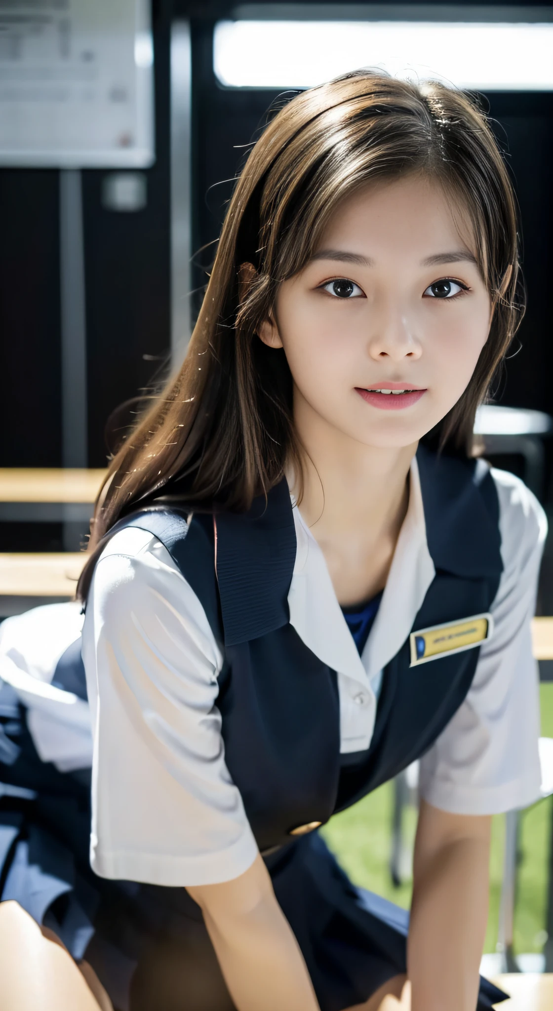 ((highest quality、8k、masterpiece:1.3)),((((cowboy shot)))),Ultra-high resolution,big eyes,Japanese,bangs,(a girl),(1 girl),((20 years old)),((facing at viewer)),(long hair),(((black sailor uniform))),grin,((sitting on chair)),(pleated mini skirt),(((pussy))),((pubic hair)),((skirt lift)),((short crew socks))