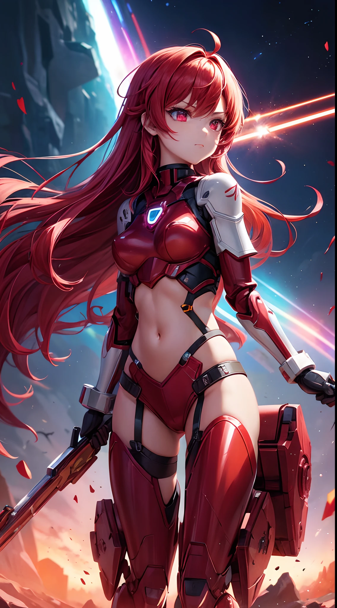 1 supercute girl wear a Red Ruby Rose armor, mechanical wing, Space War Background, Rainbow Aura Body, Supernove Power, Light Red Hair, Red Eye, Perfect Body, Sexy, neon glow, Shooting Beam Cannon, Sad mood, very detailed, Fighting stance, mecha musume, detailed eyes, detailed face, Anime Art, Anime Style, Anime.