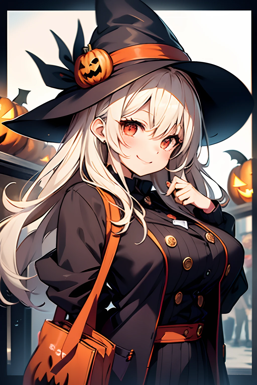 Cute Halloween Theme、Eye Up、bustup、A smile、 Cute poses、Glamorous Hat、Halloween Accessories、Draw clothes buttons and pockets in a Halloween style、The costume is red、breasts are large、The background is littered with sweets and sweets、Draw an outer border