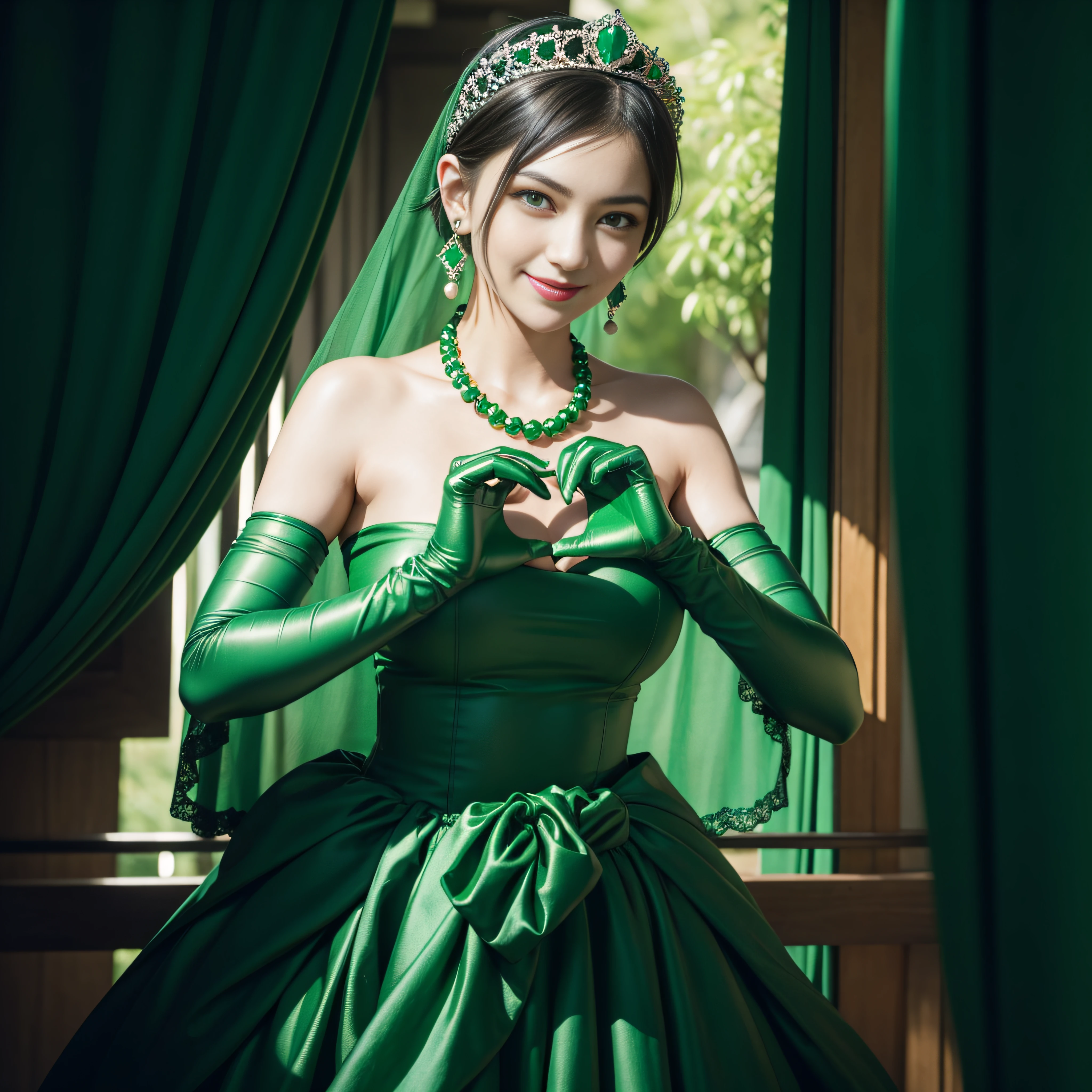 emerald tiara, Green Pearl Necklace, Boyish very short black hair, lipsticks, Japan woman smiling, very short short hair, big breasts beautiful, Green eyes, Long green gloves made of satin material, Green eyes, Emerald Earrings, green vale, Heart with both hands