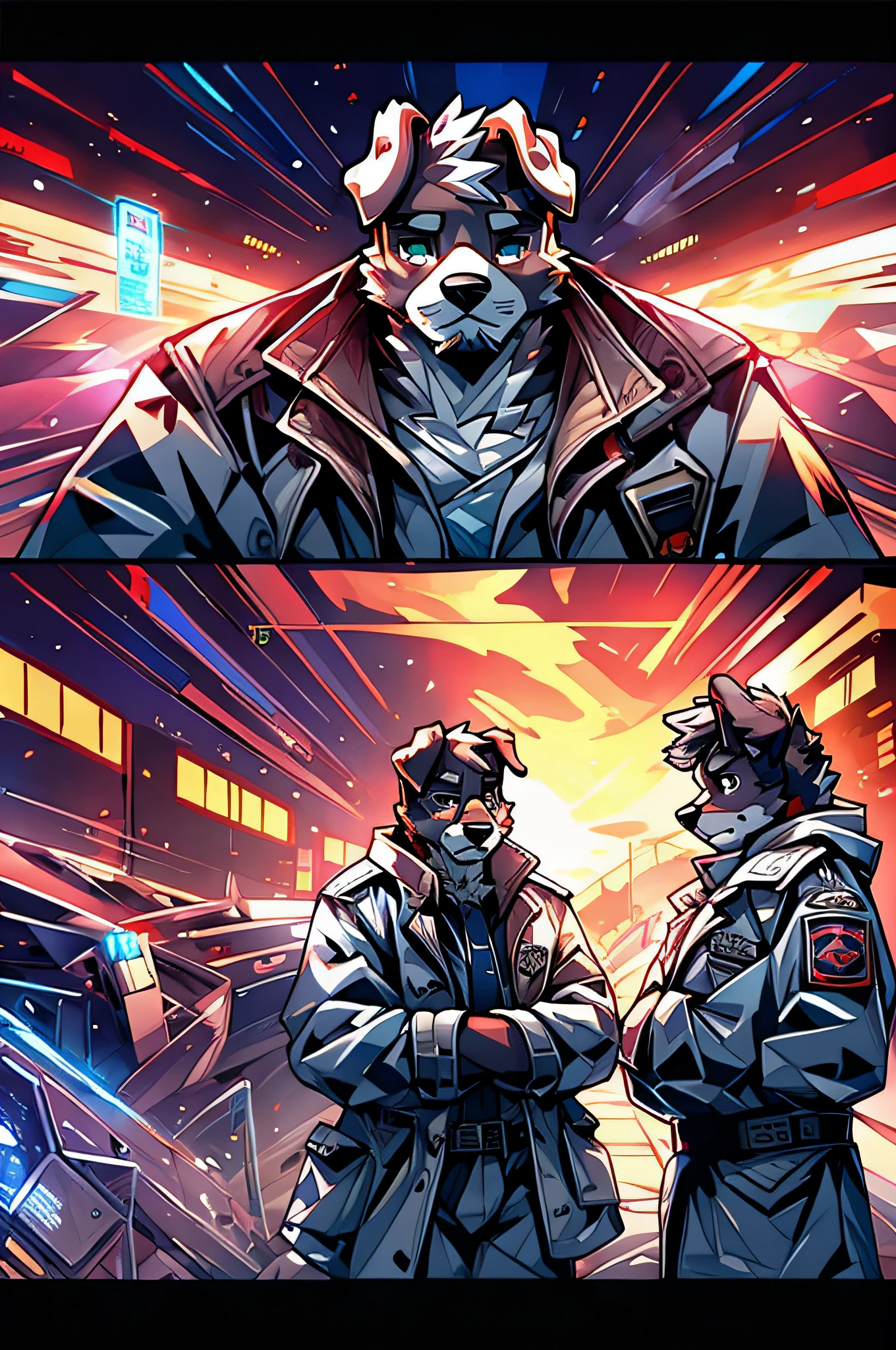 (Man in a trench coat)comic strip、Anthropomorphic Schnauzer Dog、cyberpunked