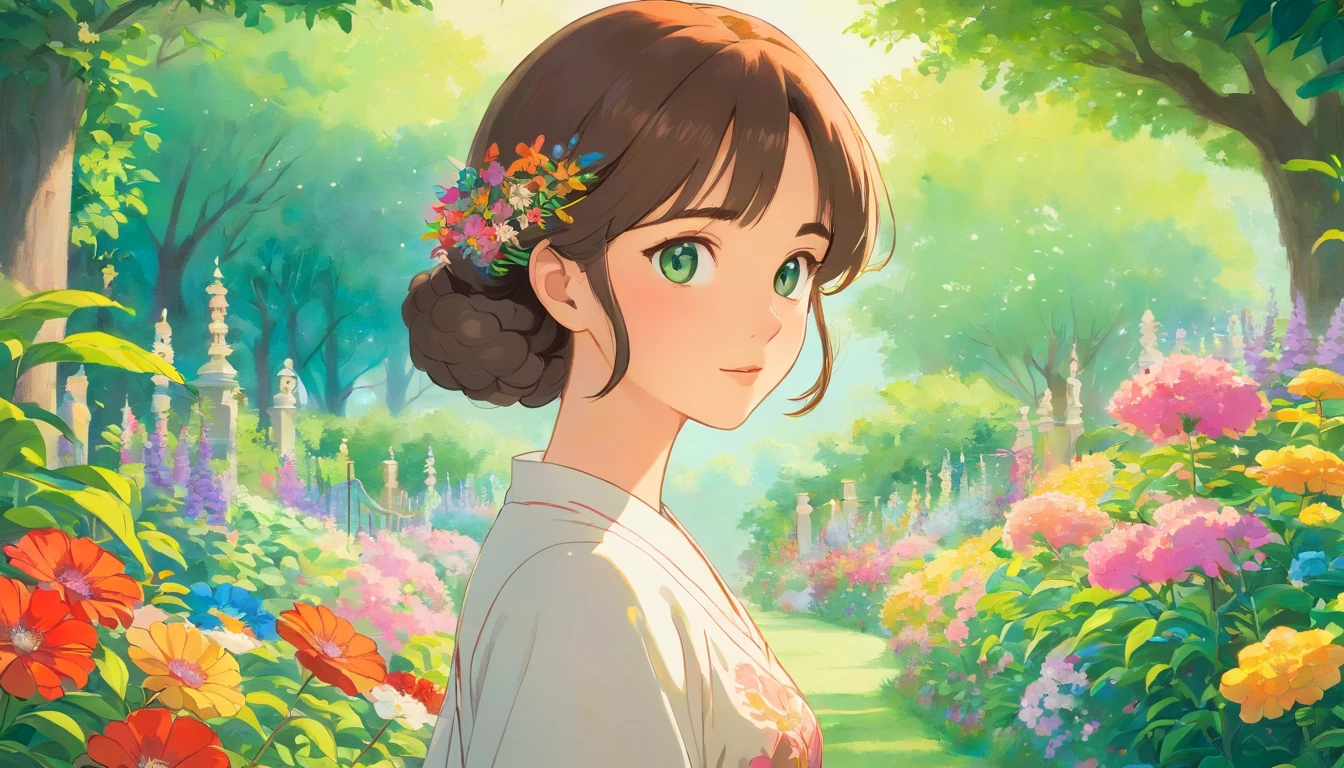 "A girl standing alone in a vibrant garden, surrounded by blooming flowers and lush greenery. Her eyes are mesmerizingly detailed, capturing every intricate color and sparkle. Her lips are beautifully defined, adding a touch of elegance to her face. The sunlight softly illuminates her features, creating a captivating play of light and shadow. She is dressed in a flowing gown, with delicate embroidery and exquisite details that reflect her graceful demeanor. The garden is filled with an array of vibrant colors, from the soft pastels of the flowers to the rich greens of the leaves. The artwork is created with meticulous attention to detail, capturing every stroke with precision. The overall composition exudes a sense of tranquility and beauty, drawing viewers into the enchanting world of the girl in the garden. This masterpiece is rendered in ultra-high resolution, providing an immersive visual experience with its sharp focus and vivid colors. The realistic rendering brings the scene to life, making it feel like a photograph taken in the midst of nature's splendor. The combination of the simple and detailed linework adds depth and dimension to the artwork, enhancing its visual impact. The color palette is carefully chosen to evoke a dreamy and ethereal atmosphere, with soft hues and subtle shades. Overall, this artwork showcases the beauty of nature and the grace of the girl, capturing a serene and enchanting moment in time."