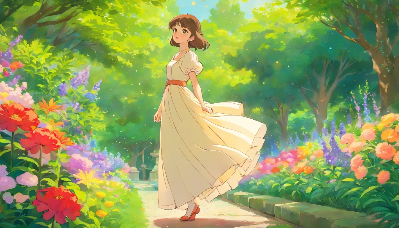 "A girl standing alone in a vibrant garden, surrounded by blooming flowers and lush greenery. Her eyes are mesmerizingly detailed, capturing every intricate color and sparkle. Her lips are beautifully defined, adding a touch of elegance to her face. The sunlight softly illuminates her features, creating a captivating play of light and shadow. She is dressed in a flowing gown, with delicate embroidery and exquisite details that reflect her graceful demeanor. The garden is filled with an array of vibrant colors, from the soft pastels of the flowers to the rich greens of the leaves. The artwork is created with meticulous attention to detail, capturing every stroke with precision. The overall composition exudes a sense of tranquility and beauty, drawing viewers into the enchanting world of the girl in the garden. This masterpiece is rendered in ultra-high resolution, providing an immersive visual experience with its sharp focus and vivid colors. The realistic rendering brings the scene to life, making it feel like a photograph taken in the midst of nature's splendor. The combination of the simple and detailed linework adds depth and dimension to the artwork, enhancing its visual impact. The color palette is carefully chosen to evoke a dreamy and ethereal atmosphere, with soft hues and subtle shades. Overall, this artwork showcases the beauty of nature and the grace of the girl, capturing a serene and enchanting moment in time."