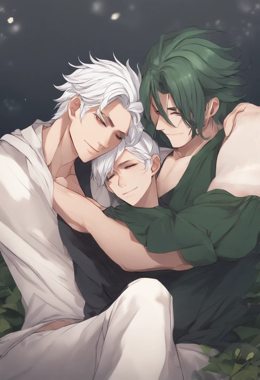 One white haired pale skinned anime guy cuddling with a tall muscular pale skinned anime guy with dark green hair