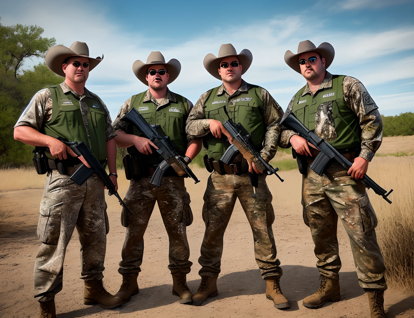 cartoon like picture title strawn texas 3 hunters white redneck and 2 fat mexicans one with a goatee and one clean shaved, all have rifles with scopes all wearing camouflage shirts and pants