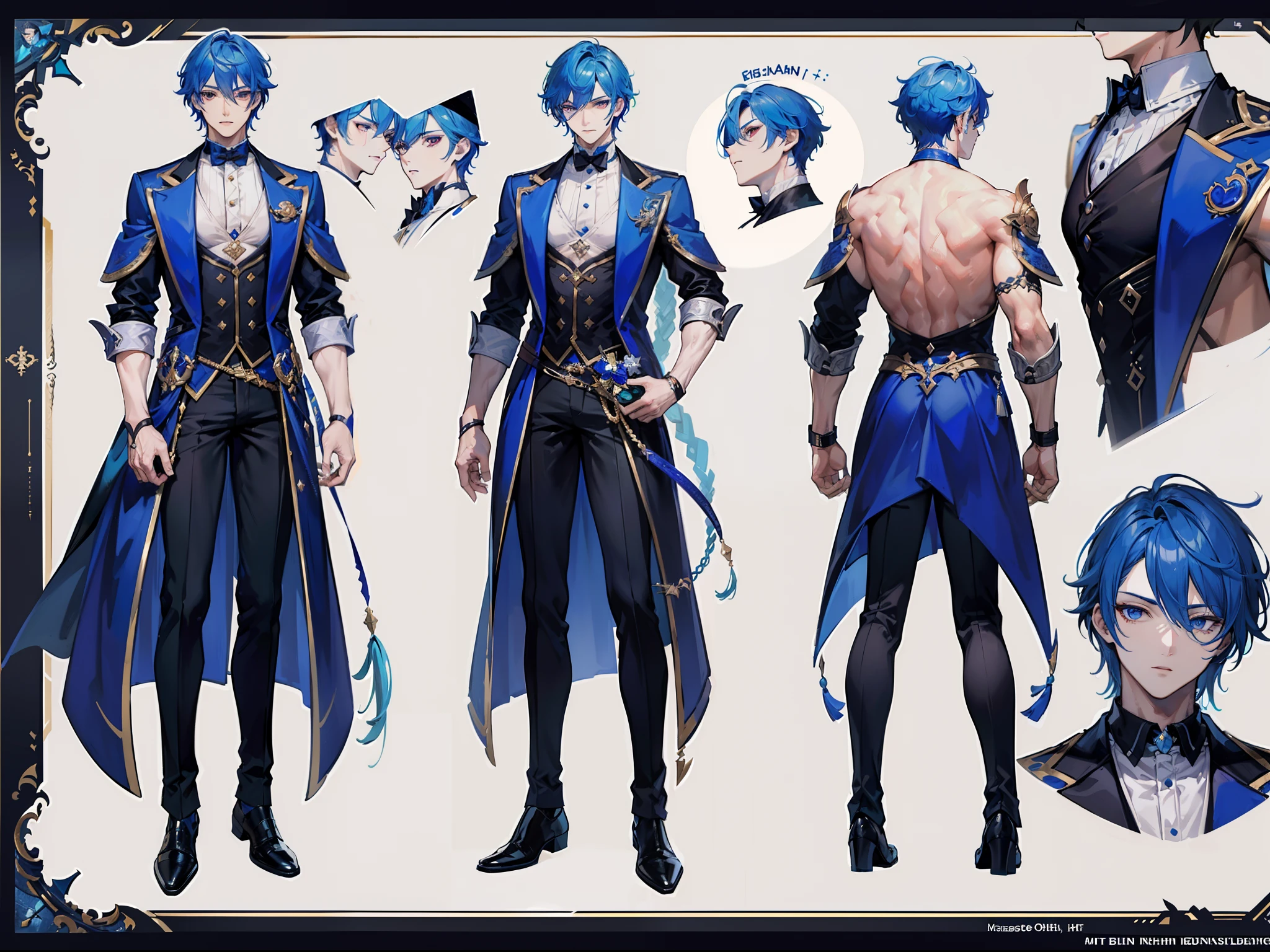 ((Masterpiece, Highest quality)), Male, boy, Detailed face, character design sheet,full body esbian, Full of details, frontal body view, back body view, Highly detailed, Depth, Many parts, Muscle boy with long blue hair,handsome man, vampire outfit clothes, Genshin Impact, man tall, pectoral muscles, abs