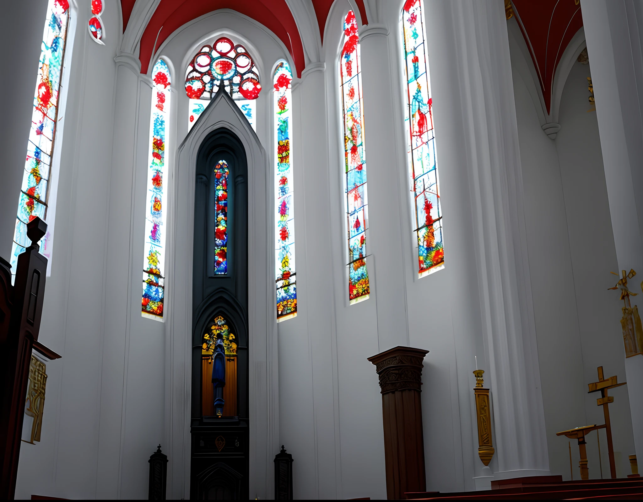 Tipo anime, una iglesia estilo gotico con monges encapuchados con una capas rojas, en el altar una columna de cristal rojo y en su interior un tridente, y un joven de piel blanca de cabello y ojos rojos con cuernos, alas y cola de demonio