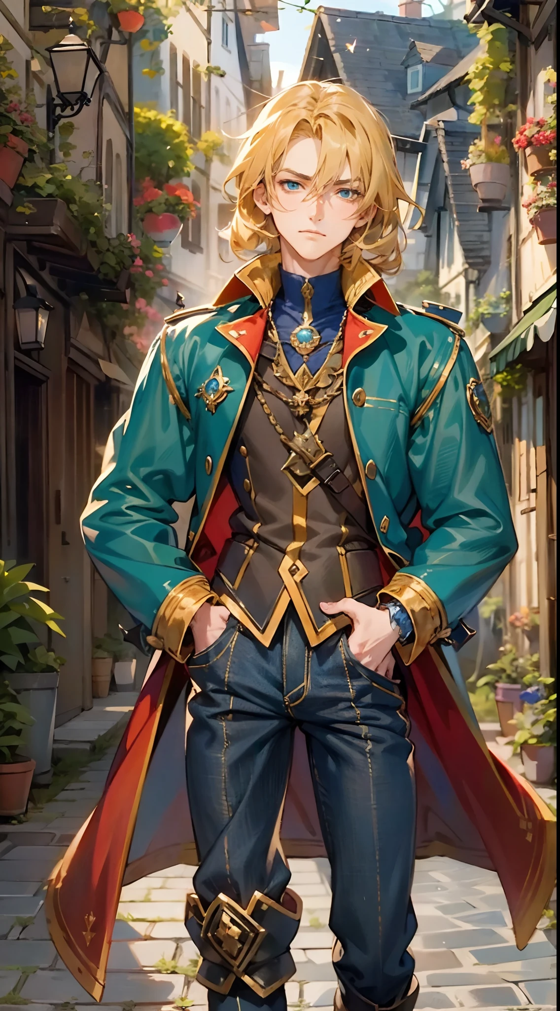 a young man, golden hair, Center-parted hairstyle, a cunning gaze, a fantasy-realistic style blue-red overcoat, a yellow-green undershirt, blue jeans, Within a medieval town of fantasy style, this character embodies a finely crafted fantasy-realistic style wise man in anime style, characterized by an exquisite and mature manga illustration art style, full body character drawing, high definition, best quality, highres, ultra-detailed, ultra-fine painting, extremely delicate, professional, anatomically correct, symmetrical face, extremely detailed eyes and face, high quality eyes, creativity, RAW photo, UHD, 8k, Natural light, cinematic lighting, masterpiece-anatomy-perfect, masterpiece:1.5