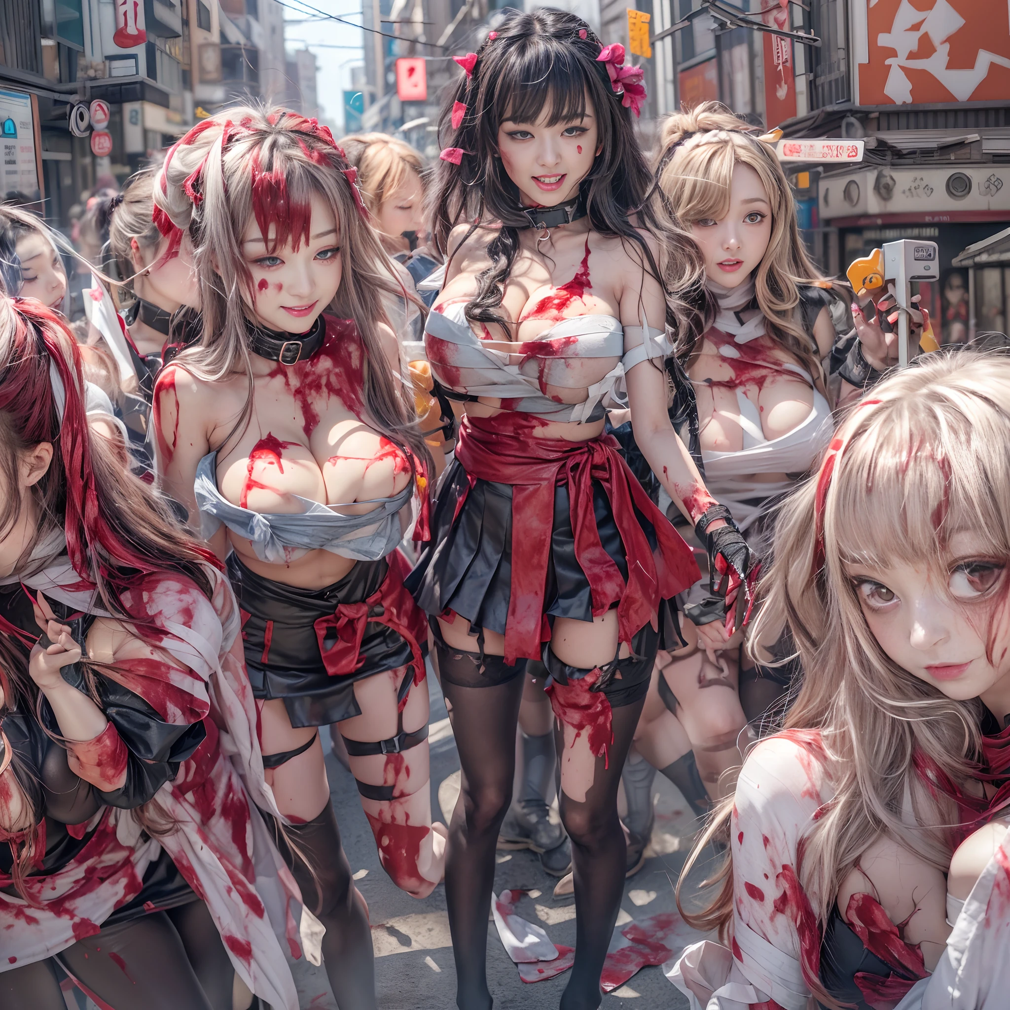 (((SFW, NSFW STILL SHOW, 12 Tiny Girls in a row:1.2, Shibuya Hachiko-mae scramble crossing on Halloween:1.2))), ((masterpiece:1.2, best quality, photorealistic:1.37)), {(Standing Full Body:1.2)|(from below:1.2)}, bandaged full body, { (bandaged head| bandaged limbs | Blood is dripping from the crotch) }, {((naked bandage))|metallic red nipple stickers}, {((bloody))|blood paste|(Blood-stained bandages)}, ((Detailed KAWAII face, Detailed glistening ivory skin)), {Bustling street|Crossroads|(Passerby schoolgirls)| halloween| neon}, {(Childish:1.2|Gigantic Cleavage:1.37|Underboob:1.2)}, {Red leather high collar| random weapons|shotgun|random hair colors}, {Floating hair|Strong wind|(((Ass focus)))}, Skirtlift, {(Kissing face to face)|:p|:d|laugh|sparkle|joyful|delighted|Drunk},extremely Detailed,