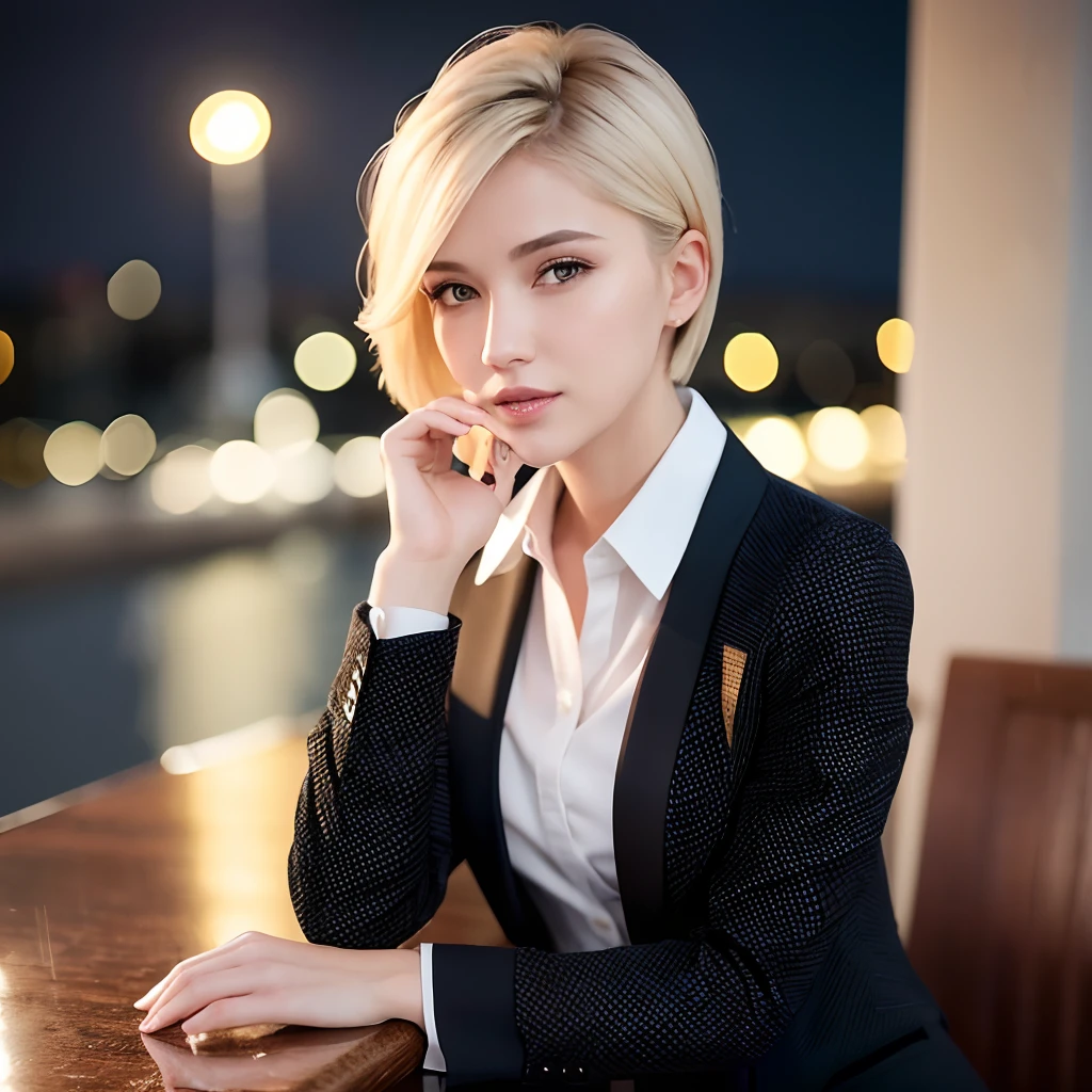 (8k, Best Quality, Masterpiece: 1.2), (Realistic, Photorealistic: 1.37), Super Detailed, 1 Girl, Cute, Alone, Beautiful Detailed Sky, Detailed Cafe, Night, Sitting, Date, ( Nose blush), (smile: 1.15), (close mouth) small breasts, beautiful details, (collared shirt: 1.1), night, wet, business wear, rain, white lace, (short hair: 1.2), floating Hair NovaFrogStyle,