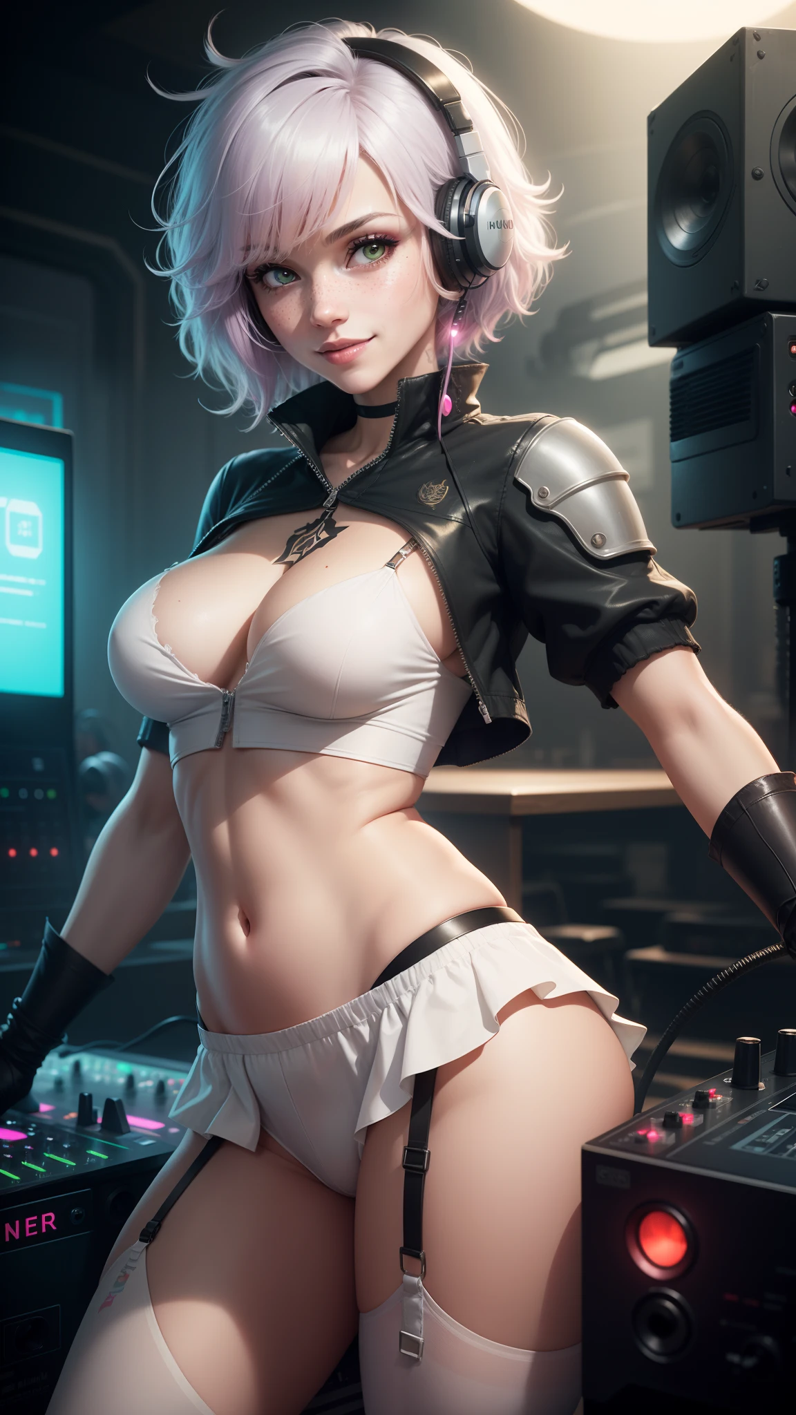 gwen tennyson,lumine,y'shtola rhul, tracer,nier automata,atelier ryza,close up,mecha pilot,night club,tattoos,pink and silver plugsuit,white short sleeve top,purple tight micro ruffle skirt,garter belt,uncovered belly,short hair,cute makeup,green eyes,dimensional golden hair,sexy smile,freckles,beautiful girl,large breasts,8k,ultra detailed, realistic,fantasy art,cyborg armor,neon armor,dj mixer,dj headphones,big speakers,dj uniform,ear piercings,saiyan girl,saiyan female,pink short sleeve pilot jacket,dancing,
