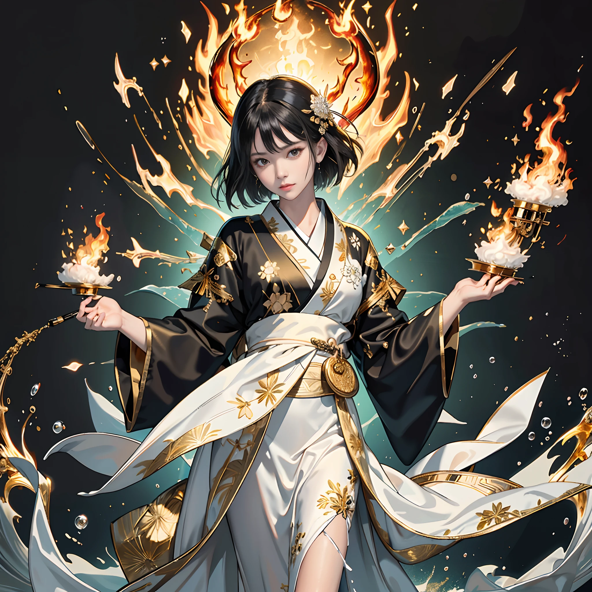 Background of details(Exploding Cities),BREAK ,elaborate costume(Luxury kimono(Black kimono(detailed embroidery(blanche,golds)))),BREAK,(1 Beautiful and classy adult woman(Shy smile:1.2)(Japanese actressl:1.2)(A dark-haired(short-hair:1.2))),(eye glass:1.2),(magia(Water in the right hand,Flame in the left hand)opening fire:1.5),BREAK,Wallpapers 16K,Blur the background,)(masutepiece,Best Quality,Portrait photos):1.5),full body Esbian