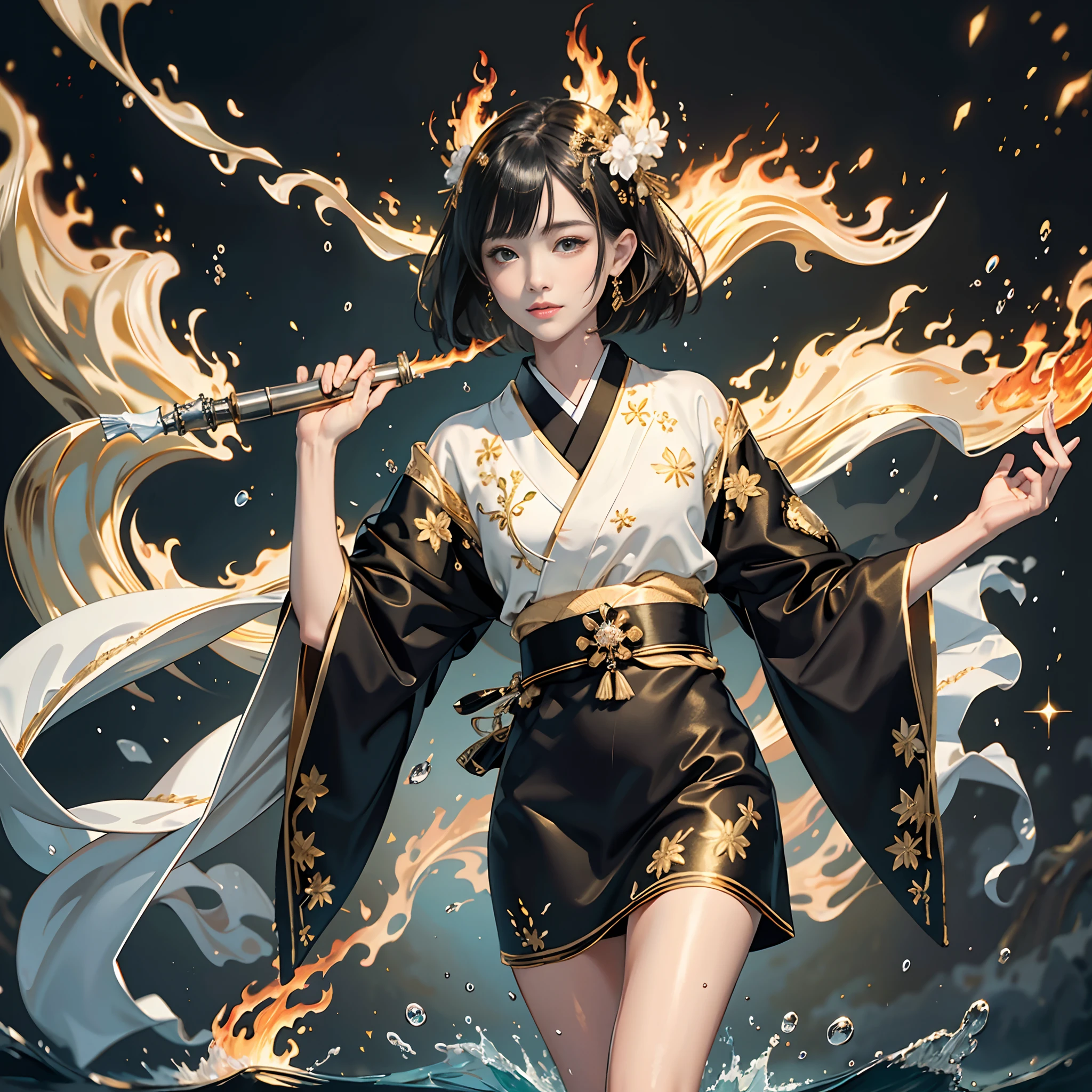 Background of details(Exploding Cities),BREAK ,elaborate costume(Luxury kimono(Black kimono(detailed embroidery(blanche,golds)))),BREAK,(1 Beautiful and classy adult woman(Shy smile:1.2)(Japanese actressl:1.2)(A dark-haired(short-hair:1.2))),(eye glass:1.2),(magia(Water in the right hand,Flame in the left hand)opening fire:1.5),BREAK,Wallpapers 16K,Blur the background,)(masutepiece,Best Quality,Portrait photos):1.5),full body Esbian