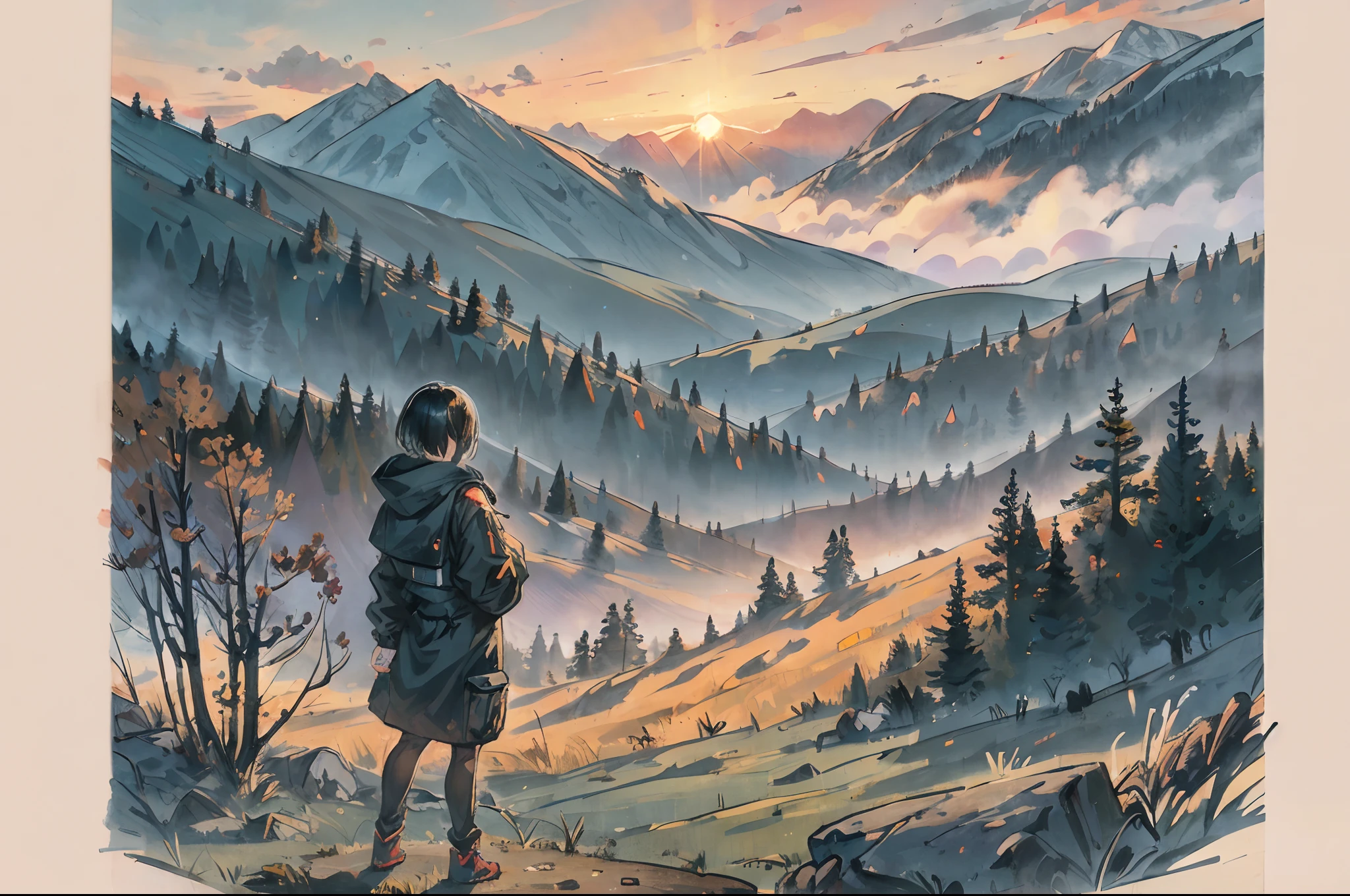 1girl, short hair, black hair, jacket, standing, back view, face not visible, forest, mountains, campsite, clouds, sunset, warm tones, vibrant colors, gorgeous landscape, (illustration: 1.0), (very detailed CG unified 8k wallpaper), masterpiece, best quality