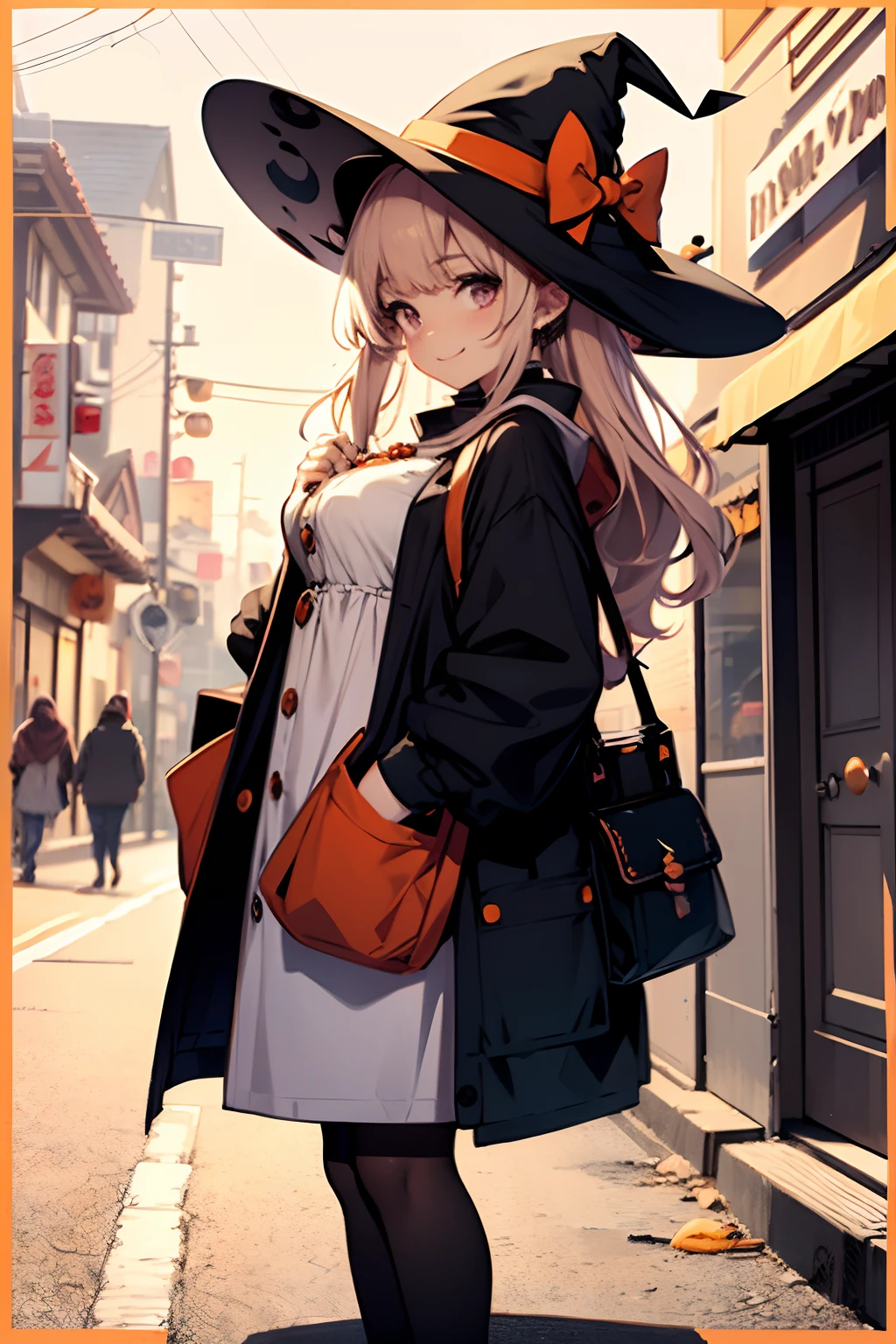 Cute Halloween Theme、full body Esbian、Eye Up、A smile、 Cute poses、Glamorous Hat、Halloween Accessories、Draw clothes buttons and pockets in a Halloween style、The costume is red、breasts are large、The background is littered with sweets and sweets、Draw an outer border、Taken from the side