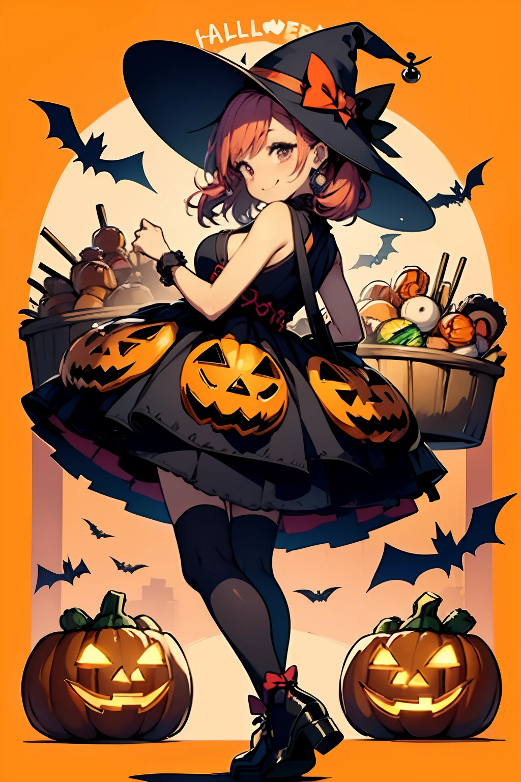 Cute Halloween Theme、full body Esbian、Eye Up、A smile、 Cute poses、Glamorous Hat、Halloween Accessories、Draw clothes buttons and pockets in a Halloween style、The costume is red、breasts are large、The background is littered with sweets and sweets、Draw an outer border、Taken from behind