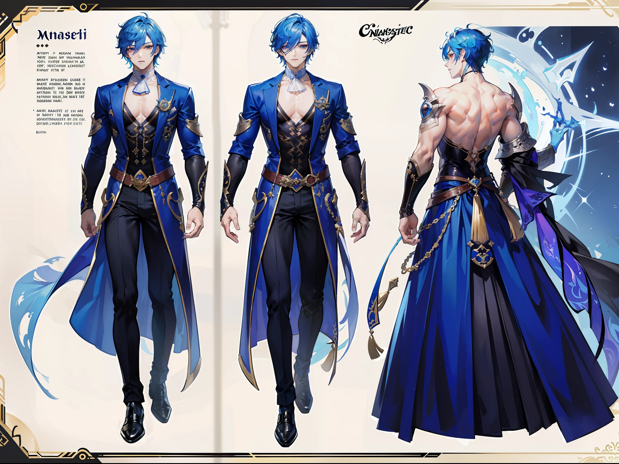 (Masterpiece, best quality), detailed, 1 man, ((character concept art)), ((character design sheet, same character, front, side, back)), full body, body complete, 1 Male angel, 1 Man angel, Detailed face, character design sheet,full bodyesbian, Highly detailed, character sheet, character design, Many parts, dark skin, angel wings, short blue hair, angel outfit, muscle male god, male clothes, masculine, muscle man, male muscle, manly, male angel, Muscle male with short blue hair,beautiful man, beautiful muscle man