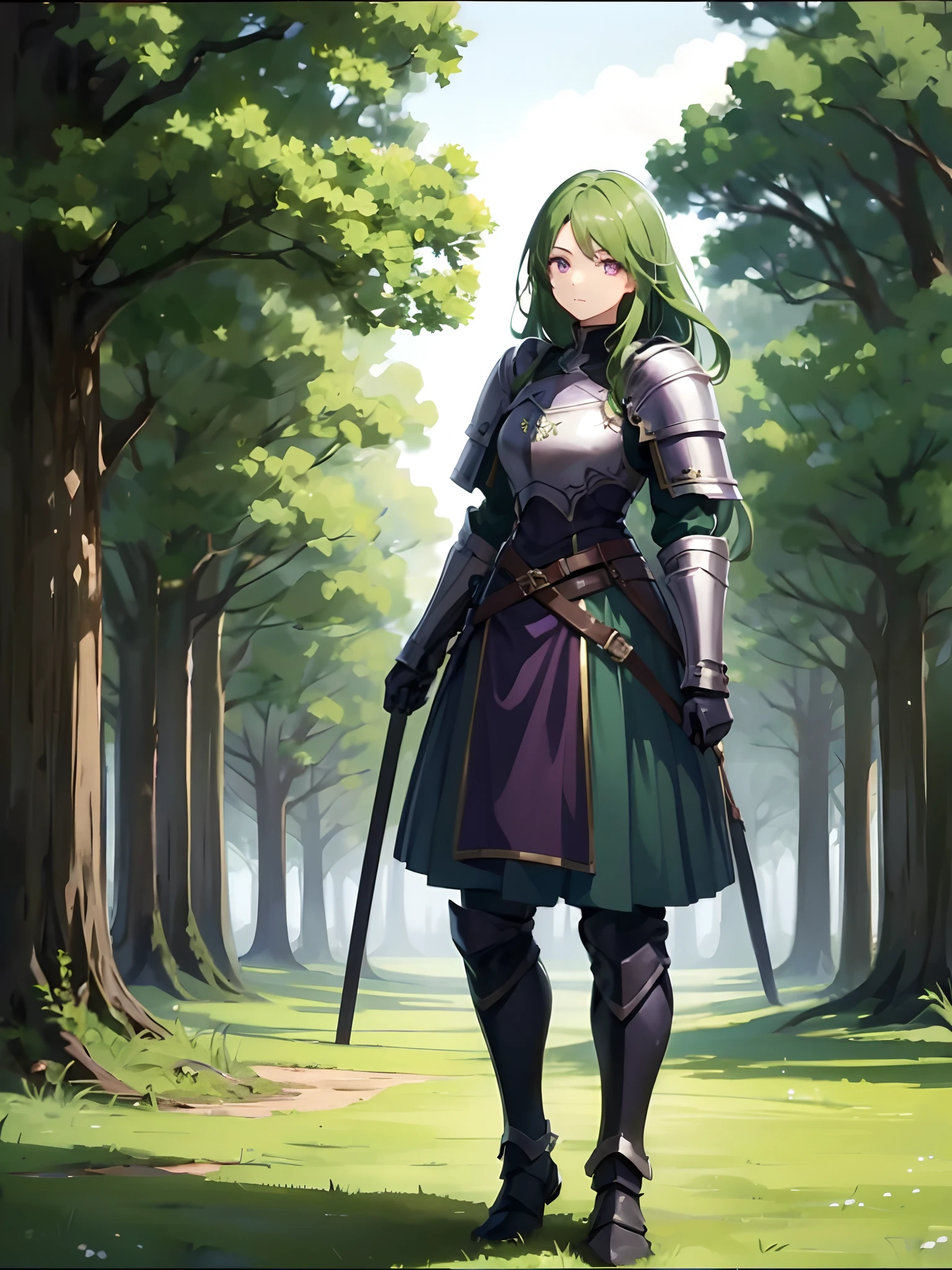 1girl, long hair, dark green hair, knight armor, purple eyes, standing on ground, high res, ultra sharp, 8K, masterpiece