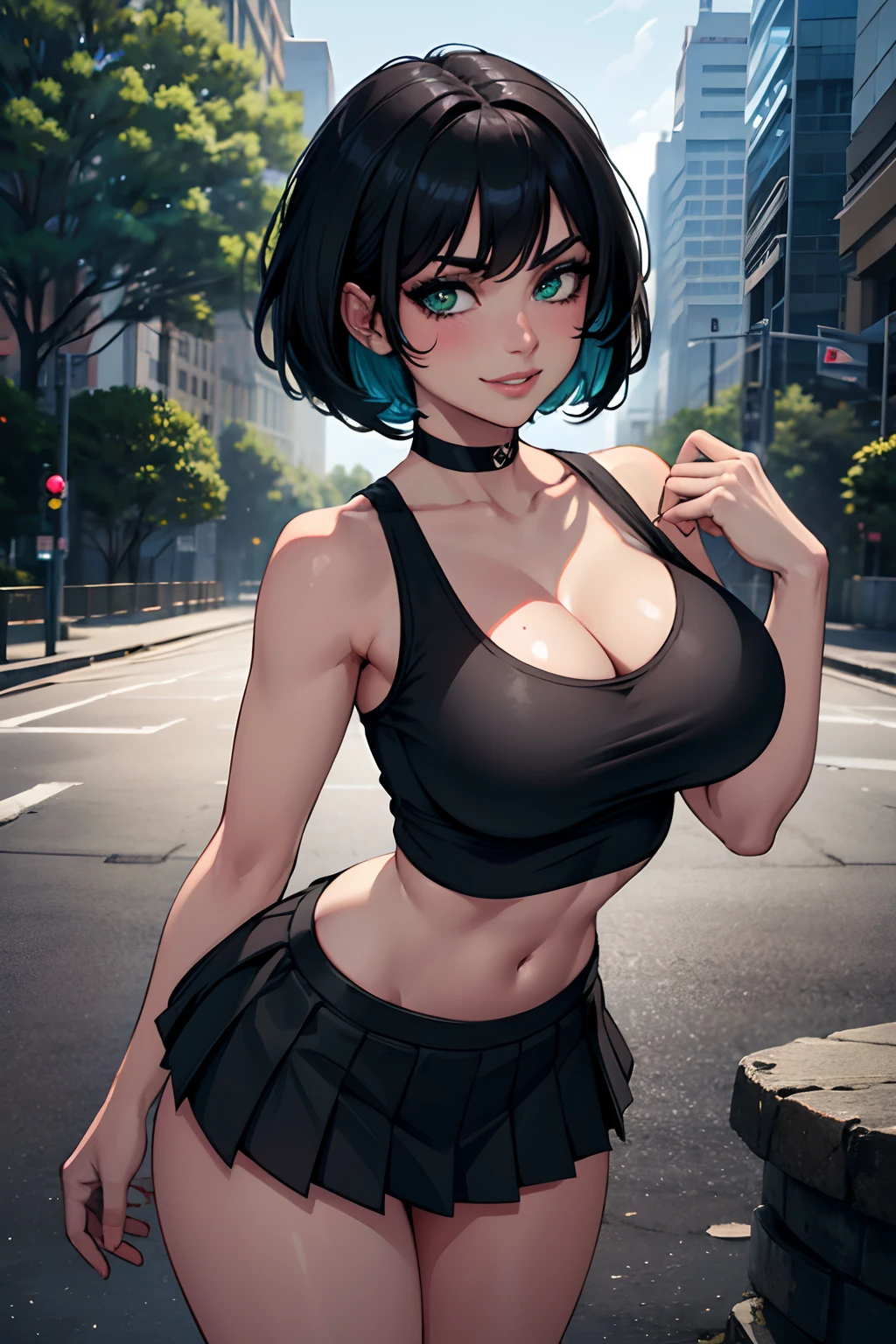 Ultra High Resolution, UHD, absurderes, RAW photo, Masterpiece, Best Quality, 8K, ultra-photorealistic, (1 girl), intricate details, ultra-detailed, detailed face, detailed body, dramatic lighting, beautiful lighting, standing up, blushing, smile, green eyes, gorgeous eyes, short hair, bob hair, bangs, black choker, crop top, (black tank top), (black hair), (black pleated mini skirt), in park, gorgeous face, gorgeous girl, large breasts, cleavage, hourglass body, gorgeous body, vivid colors, full body view, sharp focus