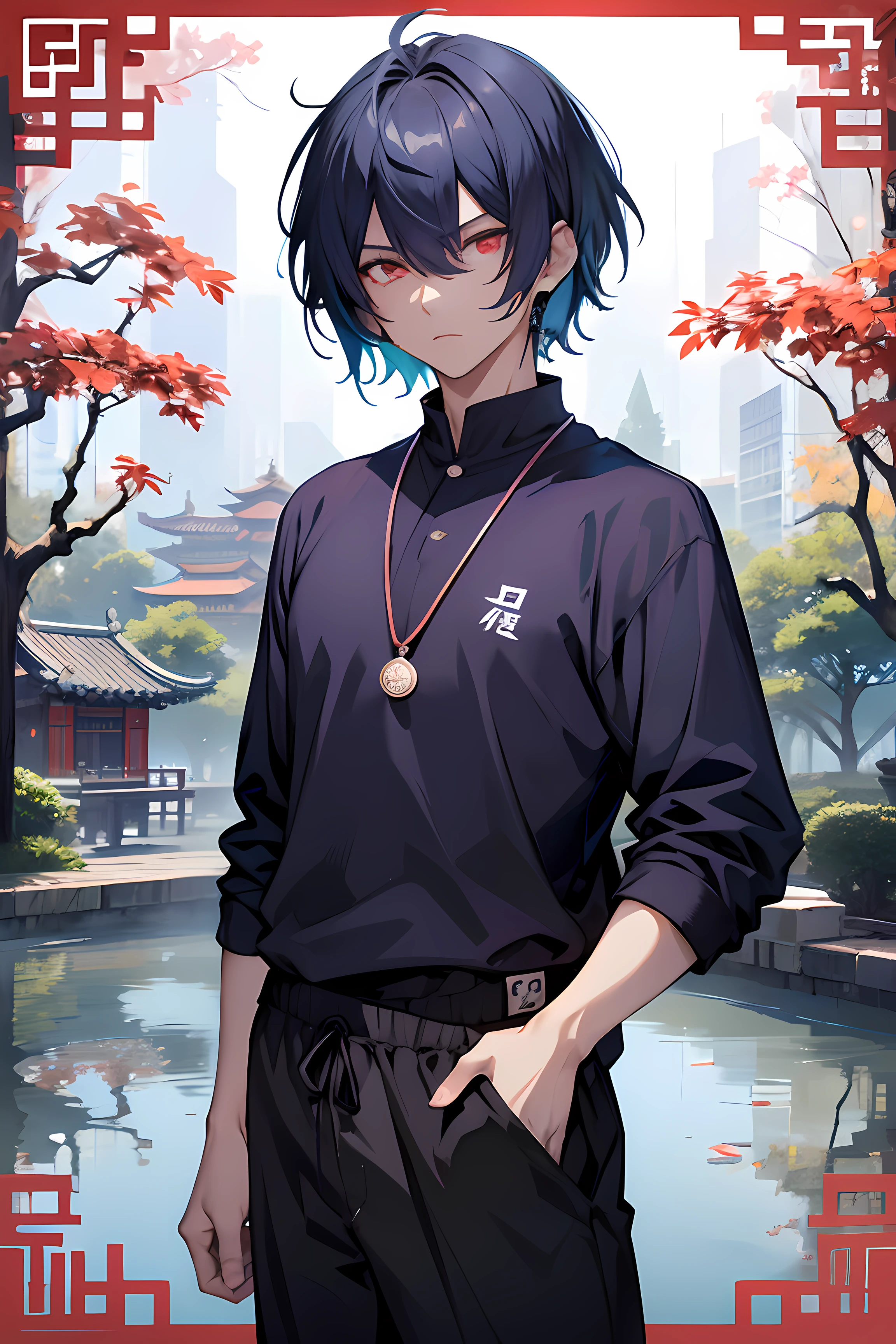 man, 20 years old, bob haircut, blue hair, messy hair, red eyes, dark circles under eyes, 4k, Jujutsu Kaisen Artsyle, Ying Yang Necklace, Purple shirt, blue, sweatpants, big black, In a Chinese garden, 4k, Lake in the background , Chinese trees