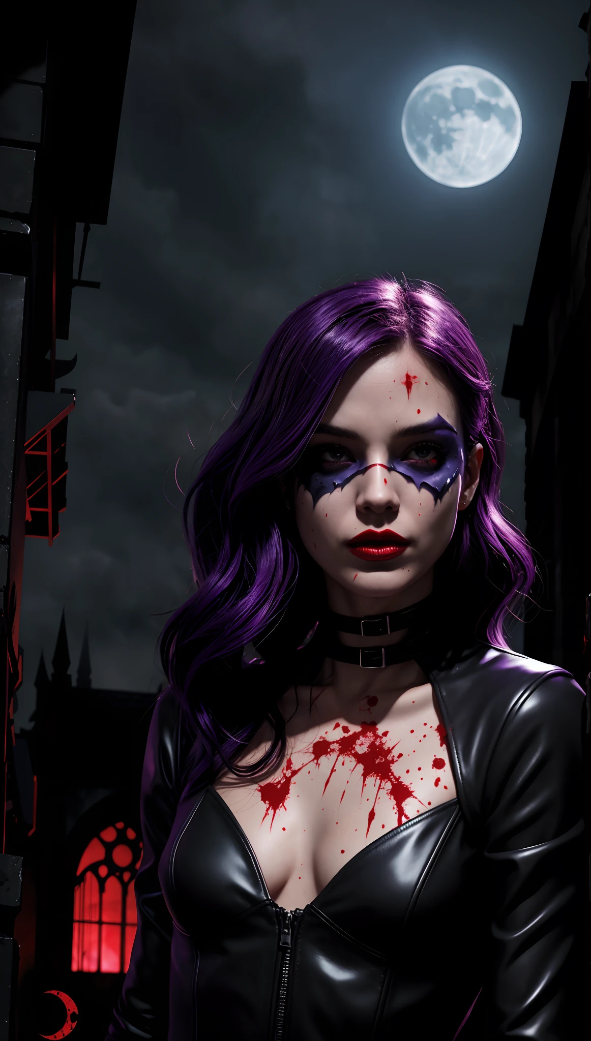 DC comic cover,pulp comic DC cards, 1girl, catwoman official comic, Intimidating presence,((Blood splattered)),Dark and mysterious, from high red Moonlight illuminates the scene,(Dimly lit city), Old stone building,dark-purple palette, glowing black light ,Subtle Red and black , Crumbling tombstones, high floor,mystical aura,(the bats:1.1), purple smoke effects, overhead, Enchanting atmosphere. Inspired in Richard Corben art to DC comics cover
