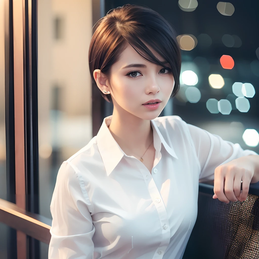 (8k, Best Quality, Masterpiece: 1.2), (Realistic, Photorealistic: 1.37), Super Detailed, 1 Girl, Cute, Alone, Beautiful Detailed Sky, Detailed Cafe, Night, Sitting, Date, ( Nose blush), (smile: 1.15), (close mouth) small breasts, beautiful details, (collared shirt: 1.1), night, wet, business wear, rain, white lace, (short hair: 1.2), floating Hair NovaFrogStyle,