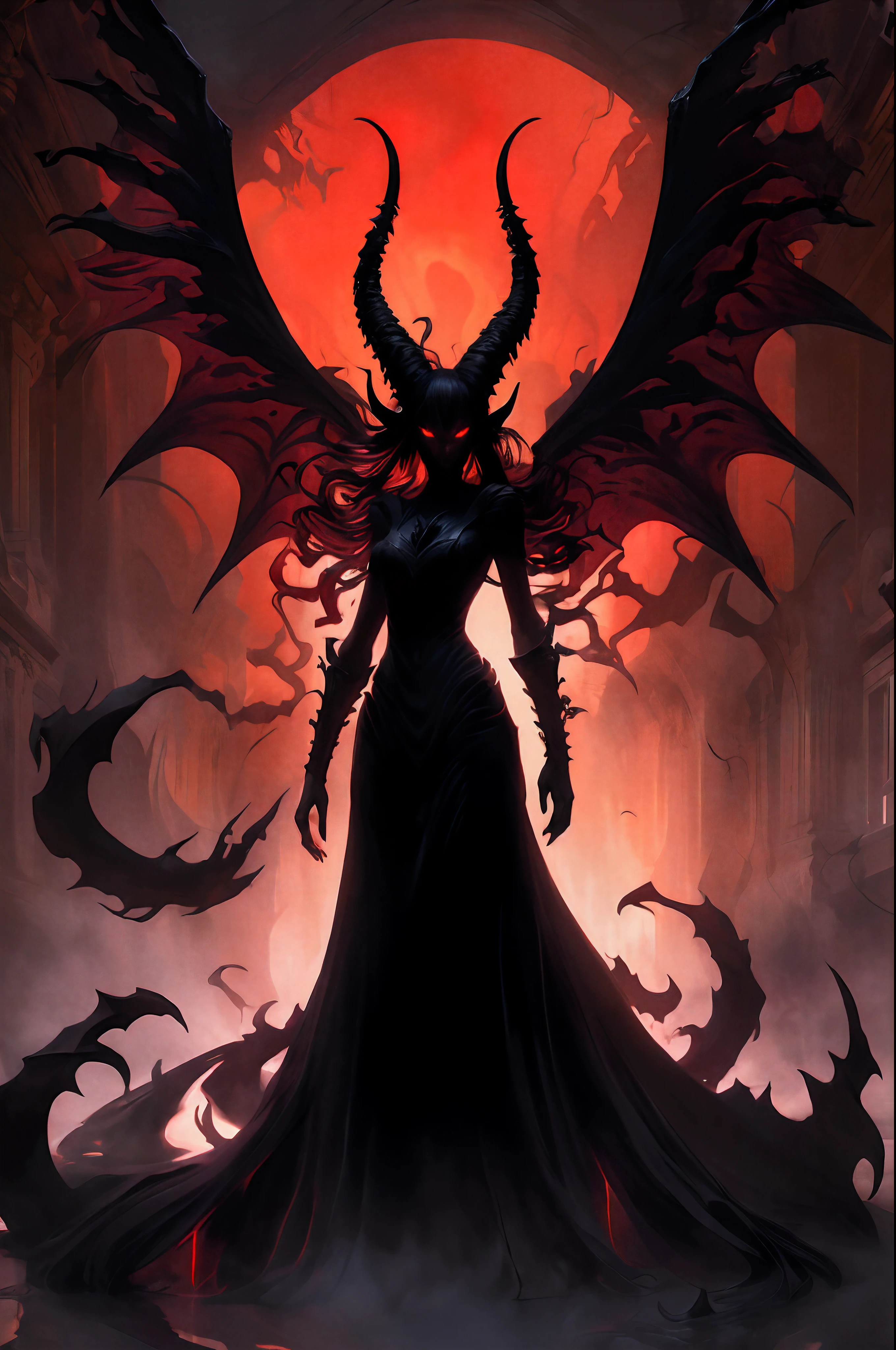 (masterpiece, high resolution, dark:1.2), ominous silhouette of a malevolent demoness, (sinister aura:1.1), (glowing red eyes:1.3) piercing through the shadows, (flowing ebony hair:1.2) cascading down sharp horns protruding from her forehead, (intimidating black wings:1.2) unfurled, casting a menacing shadow on the ground, (ethereal mist:1.1) swirling around her, hyper-real, photorealistic