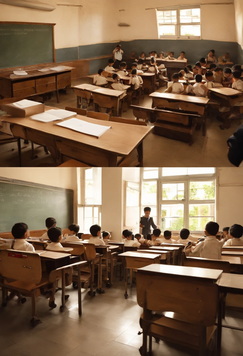 schools、In class、Unsupervised、Blackboard and classroom: In the background of the photo、It has a typical classroom atmosphere.、The blackboard will be placed in a prominent position。On the blackboard、It may have educational messages or diagrams written on it。 Pupils: Students are dressed in educational clothes