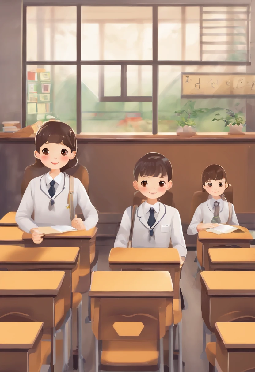schools、In class、Unsupervised、Blackboard and classroom: In the background of the photo、It has a typical classroom atmosphere.、The blackboard will be placed in a prominent position。On the blackboard、It may have educational messages or diagrams written on it。 Pupils: Students are dressed in educational clothes
