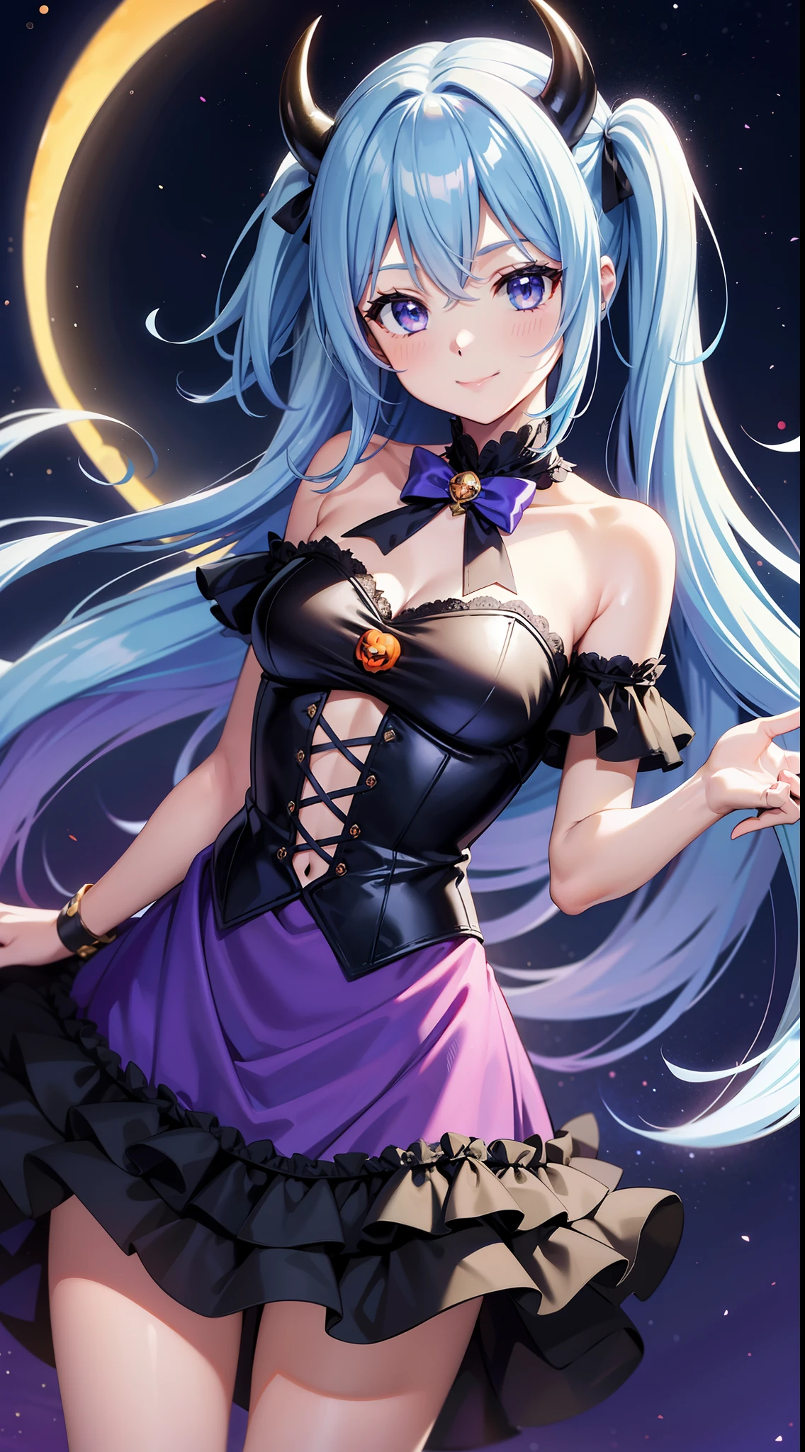 Super Idol　Devil Beautiful Girl　A charming smile　sky blue hair　length hair　Twin-tailed　Halloween World　Devil's costume　a moon　starrysky