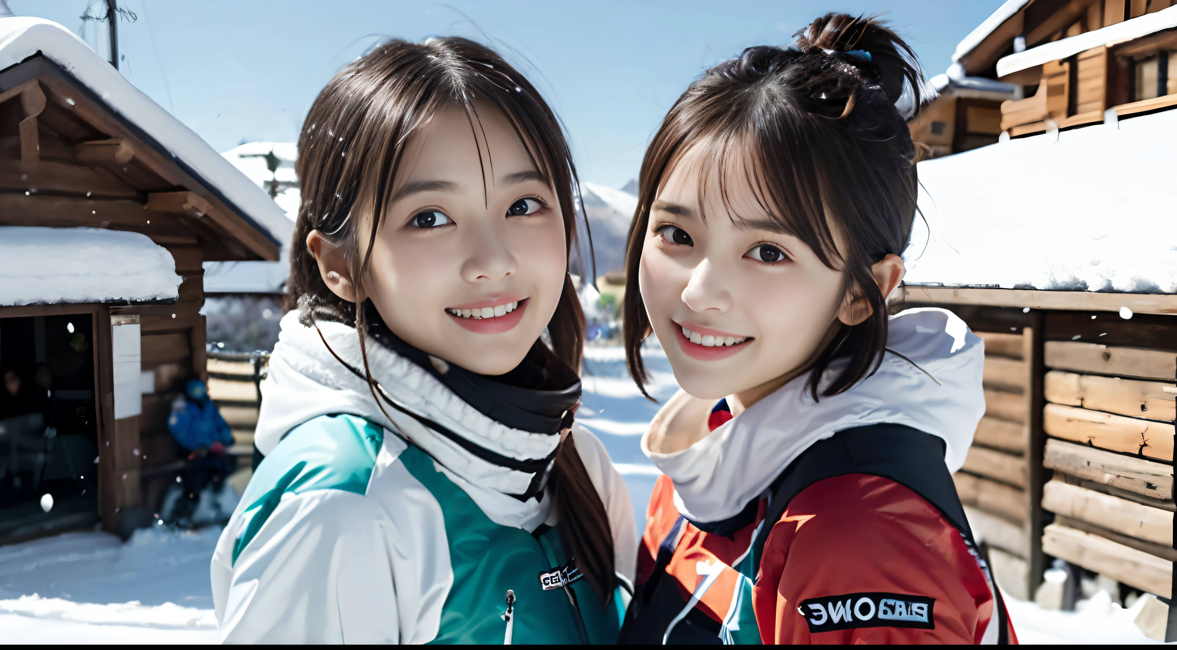 (Portrait of two girls with thin small breasts and short hair in colorful ski wear:1.5)、(Two girls skiing with show-off faces and small smiles :1.5)、(Snow Ski Garden:1.5)、(blurry backround:1.5)、(Perfect Anatomy:1.3)、(No mask:1.3)、(complete fingers:1.3)、Photorealsitic、Raw photography、masutepiece、top-quality、hight resolution、delicate and pretty、face perfect、Beautiful detailed eyes、Fair skin、Real Human Skin、pores、((thin legs))、(Dark hair)