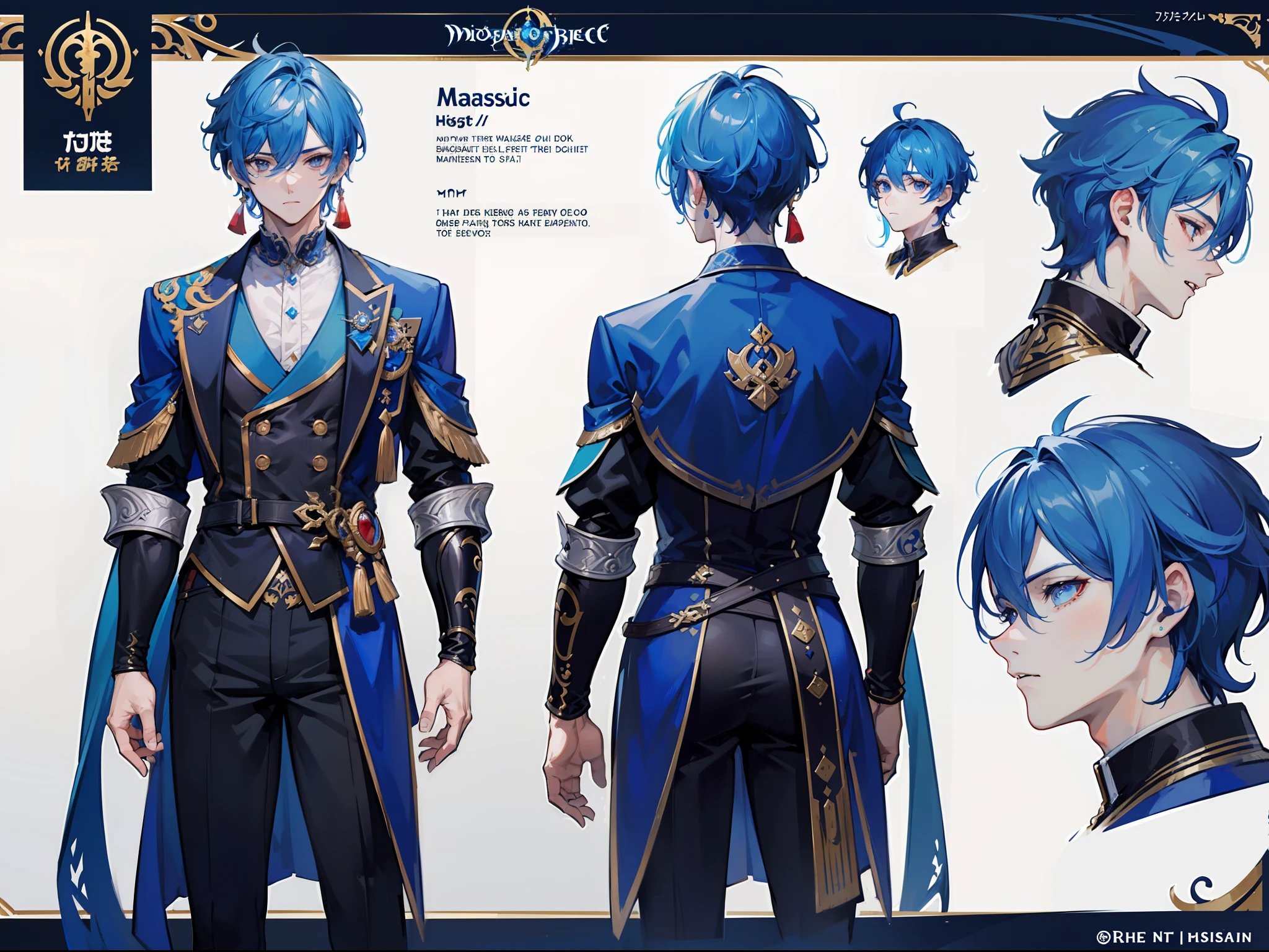 ((Masterpiece, Highest quality)), Male, boy, Detailed face, character design sheet， full bodyesbian, Full of details, frontal body view, back body view, Highly detailed, Depth, Many parts, Muscle boy with blue hair，handsome man, vampire outfit clothes, Genshin Impact, man tall